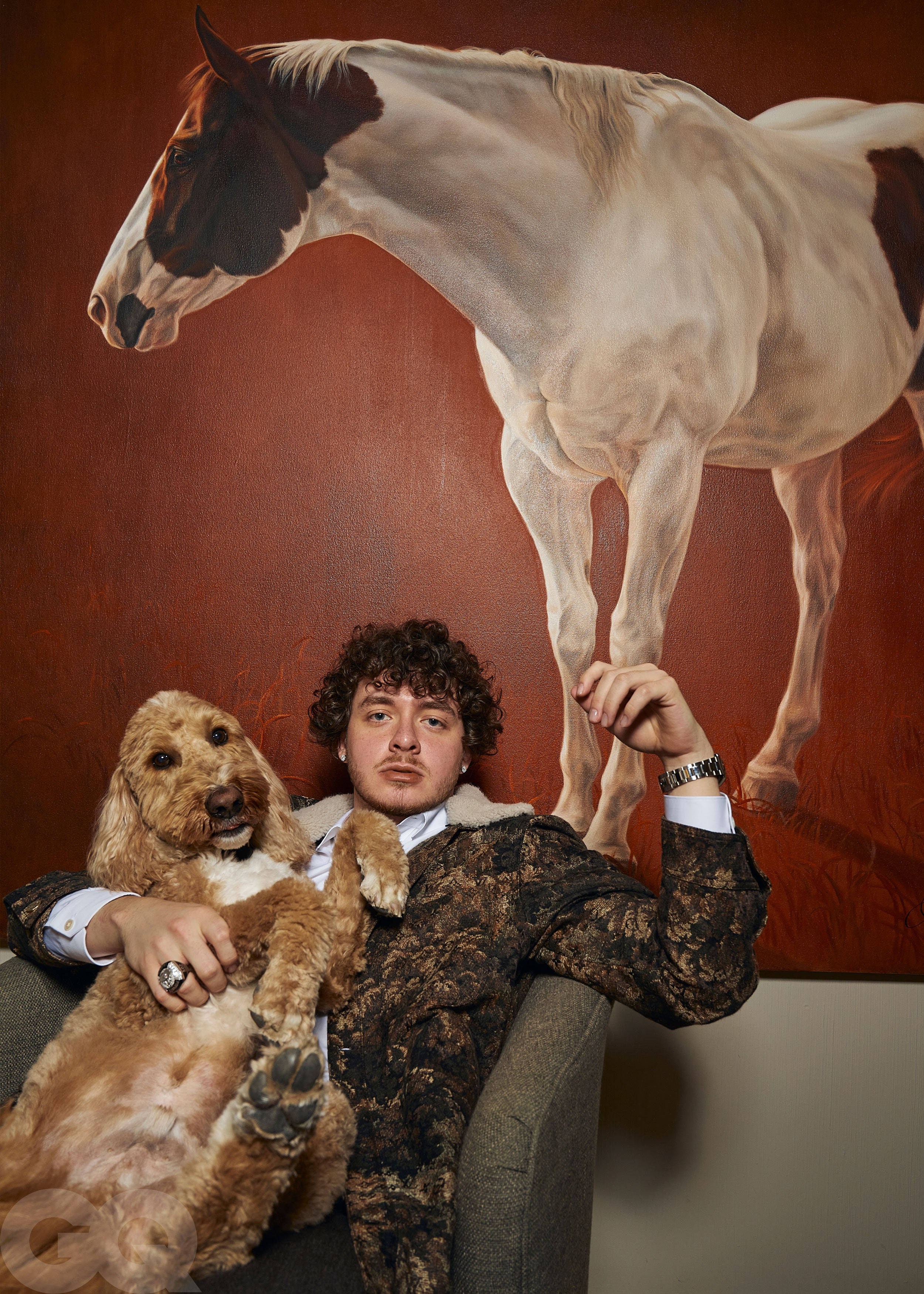 Jack Harlow 與小狗 壁紙 — 一個捲髮男人坐在椅子上，抱著一隻毛茸茸的棕色狗，身後一幅巨大的馬匹畫作在深紅色牆壁襯托下顯得格外突出。