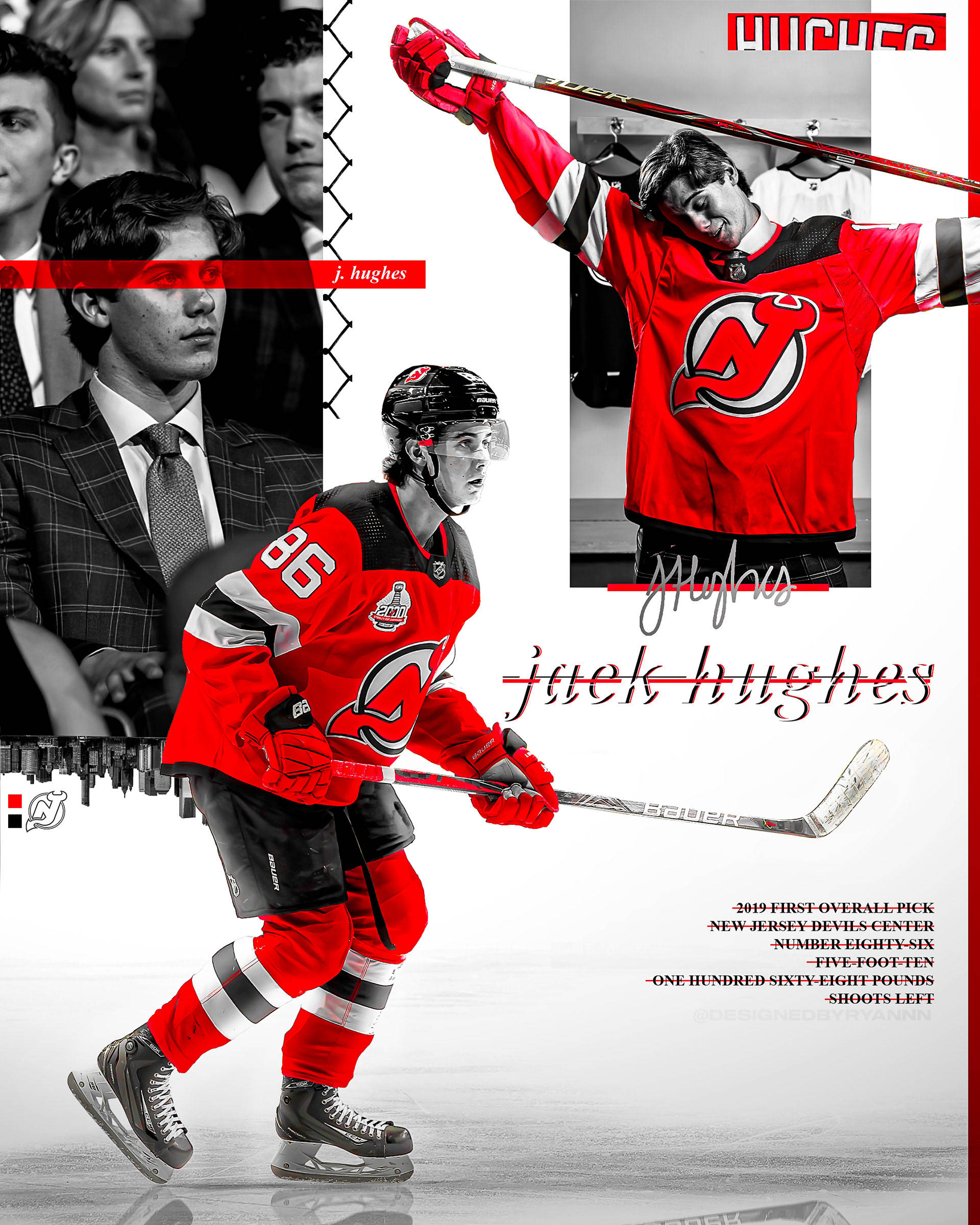 Jack Hughes 冰球運動員 壁紙 — 一個動態拼貼畫，冰球運動員 Jack Hughes 身穿鮮紅色球衣，在黑白背景下高舉球棍慶祝。