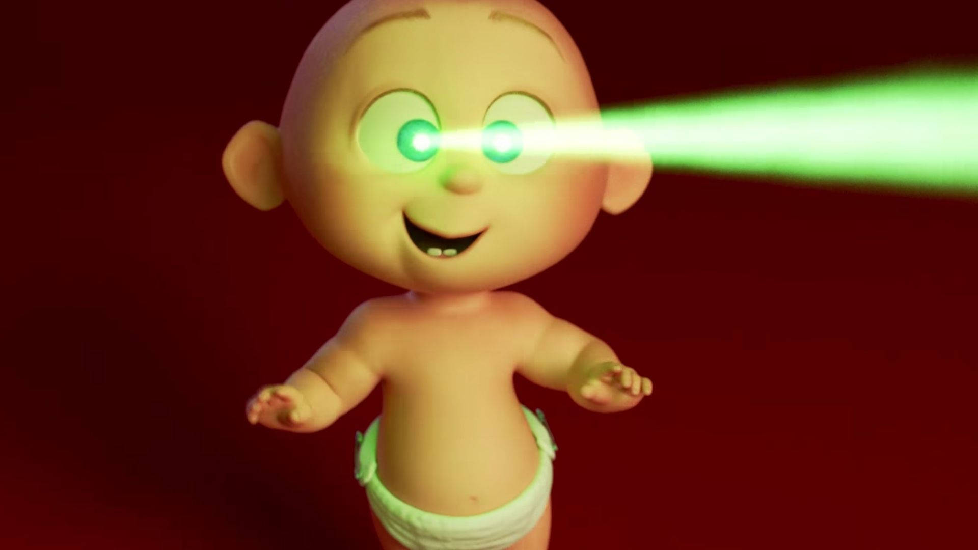 Jack Jack 超能力 壁紙 — 一個穿著尿布、開心的動畫嬰兒，在深紅色背景上發出綠色激光眼睛。