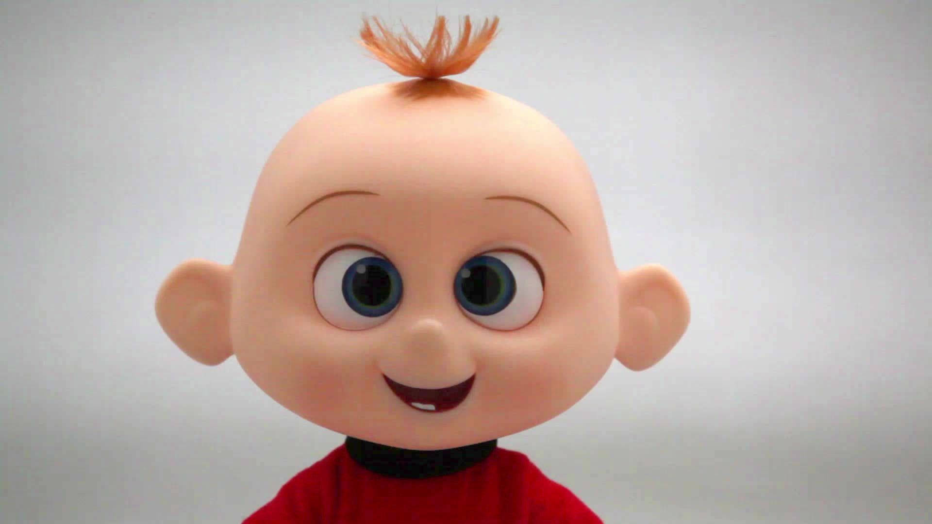 Jack Jack 微笑 壁紙 — 一個開心的動畫嬰兒，有著大大的藍眼睛和一撮橙色的頭髮，在純灰色背景上微笑。