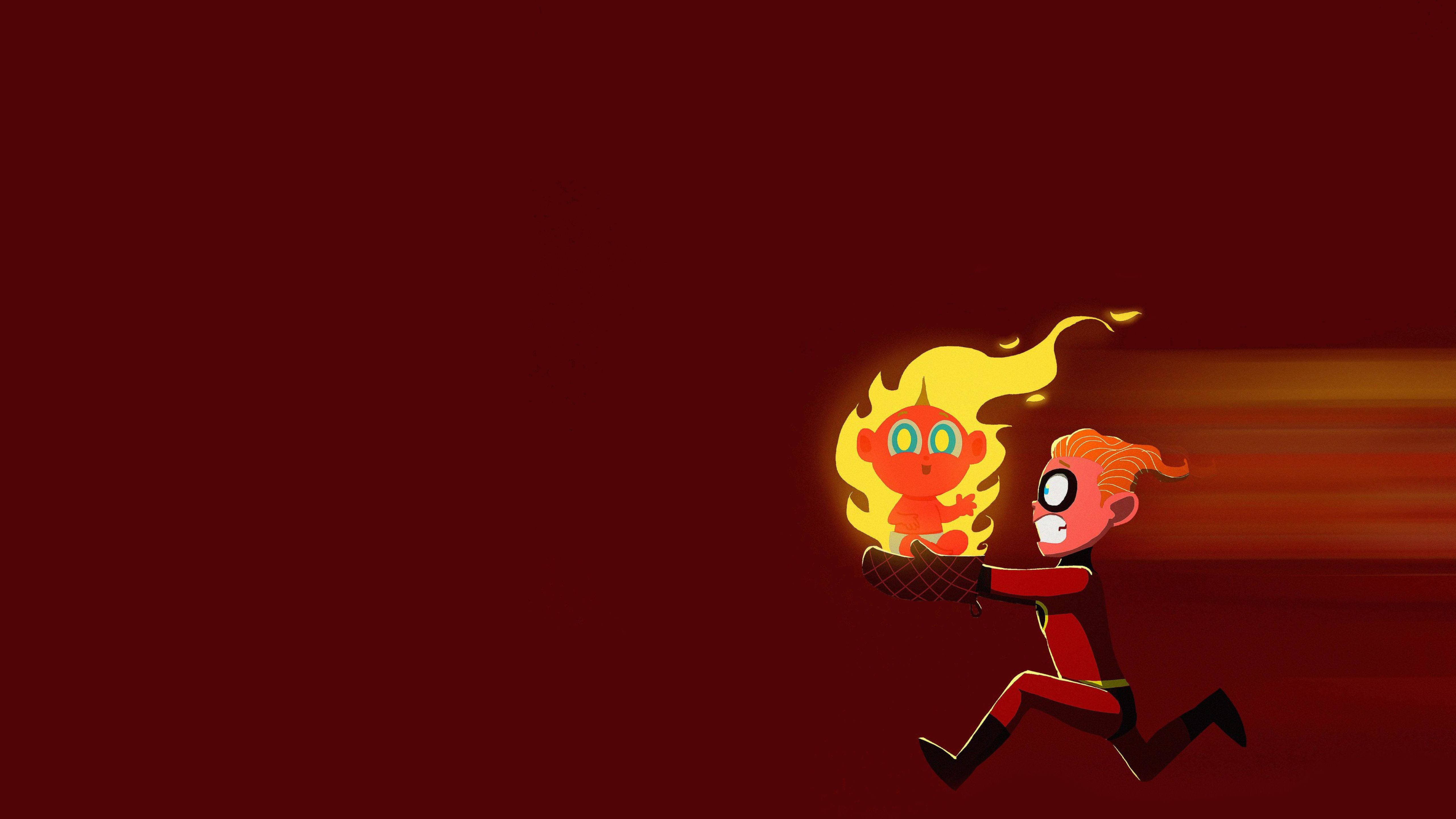 Jack Jack 燃燒 壁紙 — 一個紅色卡通超級英雄喺深紅色背景同一個發光火焰生物一齊奔跑。