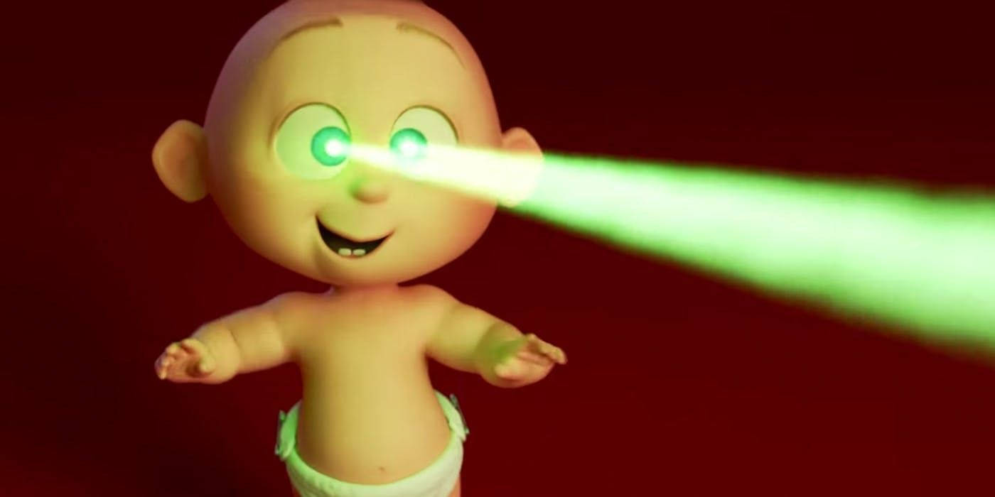 Jack Jack 綠色超能力 壁紙 — 一個開心嘅動畫BB，喺深紅色背景前，從眼睛射出發光嘅綠色激光束。