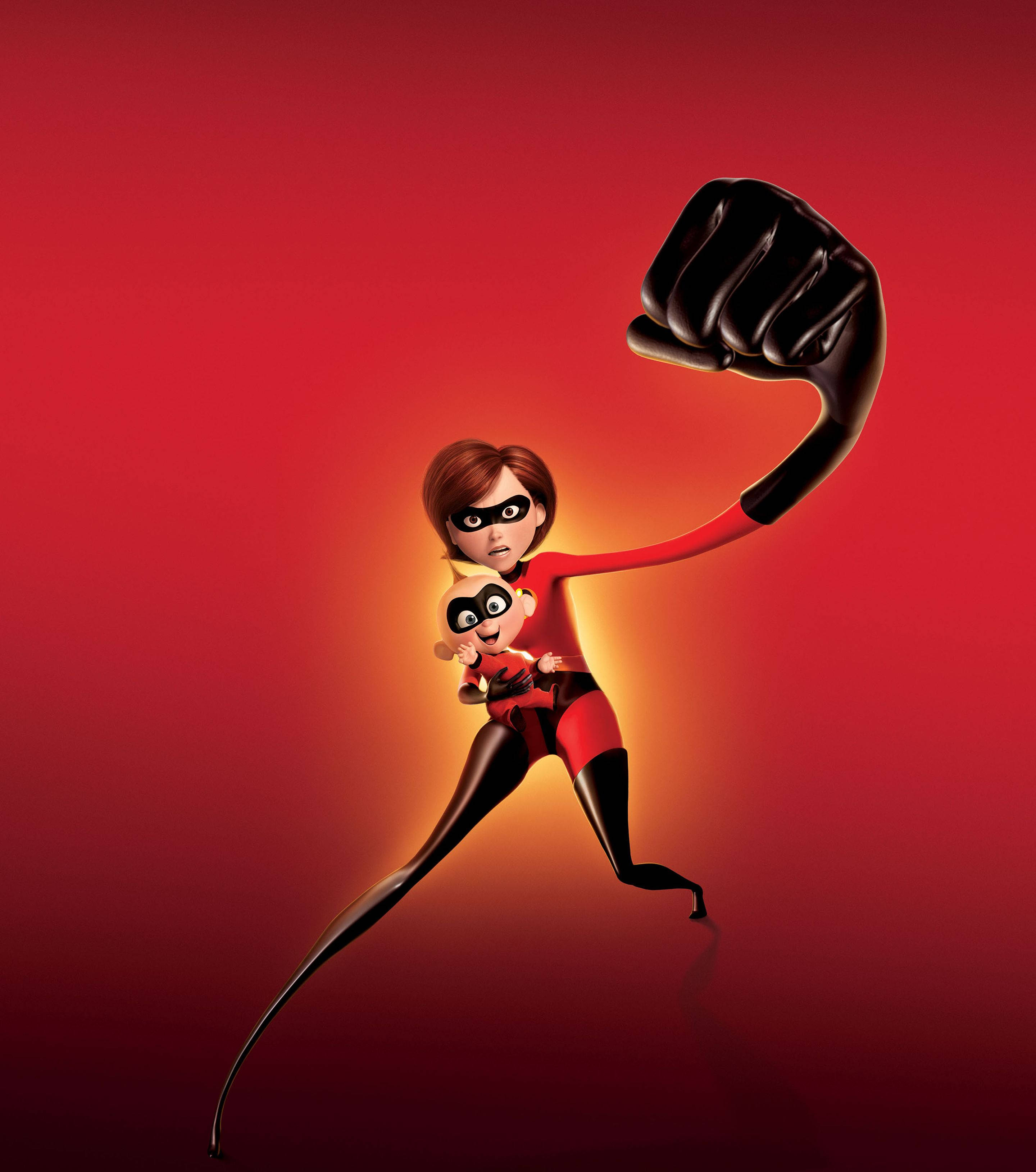 Jack Jack 與媽媽 壁紙 — Elastigirl 身穿紅色超級英雄服裝，抱著嬰兒 Jack-Jack，同時將手臂伸成一個巨大的拳頭，背景是發光的紅色漸變。