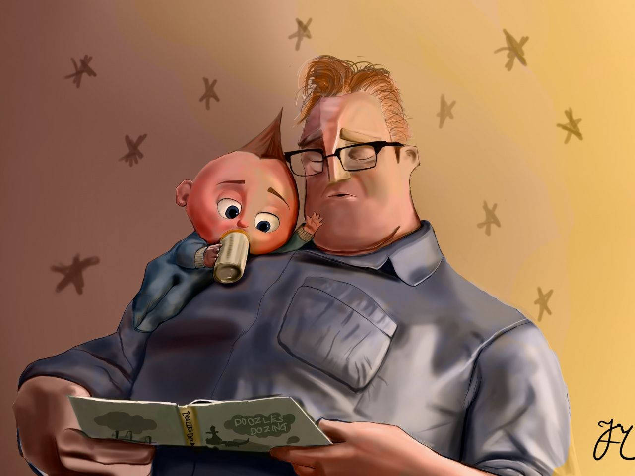 Jack Jack 與爸爸 壁紙 — 一位戴眼鏡的父親正在為他睡在肩上的小兒子讀書，背景是星形金色牆壁。