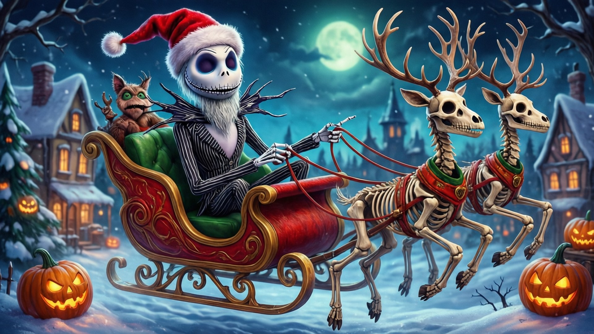 Jack Skellington 駕駛骷髏馴鹿，在夜晚穿過白雪覆蓋的萬聖節村莊。