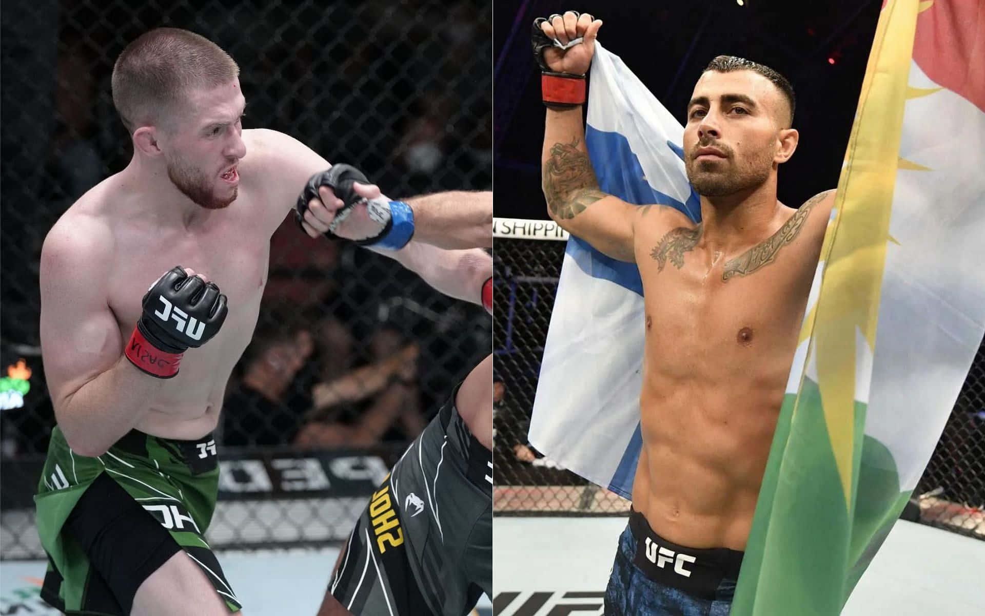 兩位男性UFC拳手，一位出拳擊中另一位，後者在八角籠中舉旗。