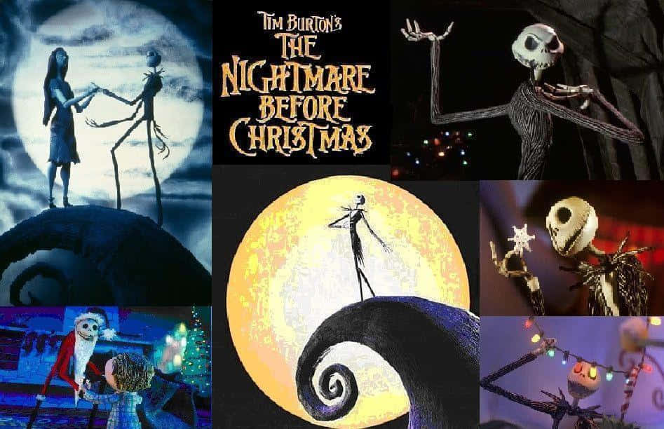 鬼滅之刃 桌布 壁紙 — Jack Skellington 與 Sally 在 Tim Burton 的《聖誕夜驚魂》拼貼畫中於滿月下跳舞。