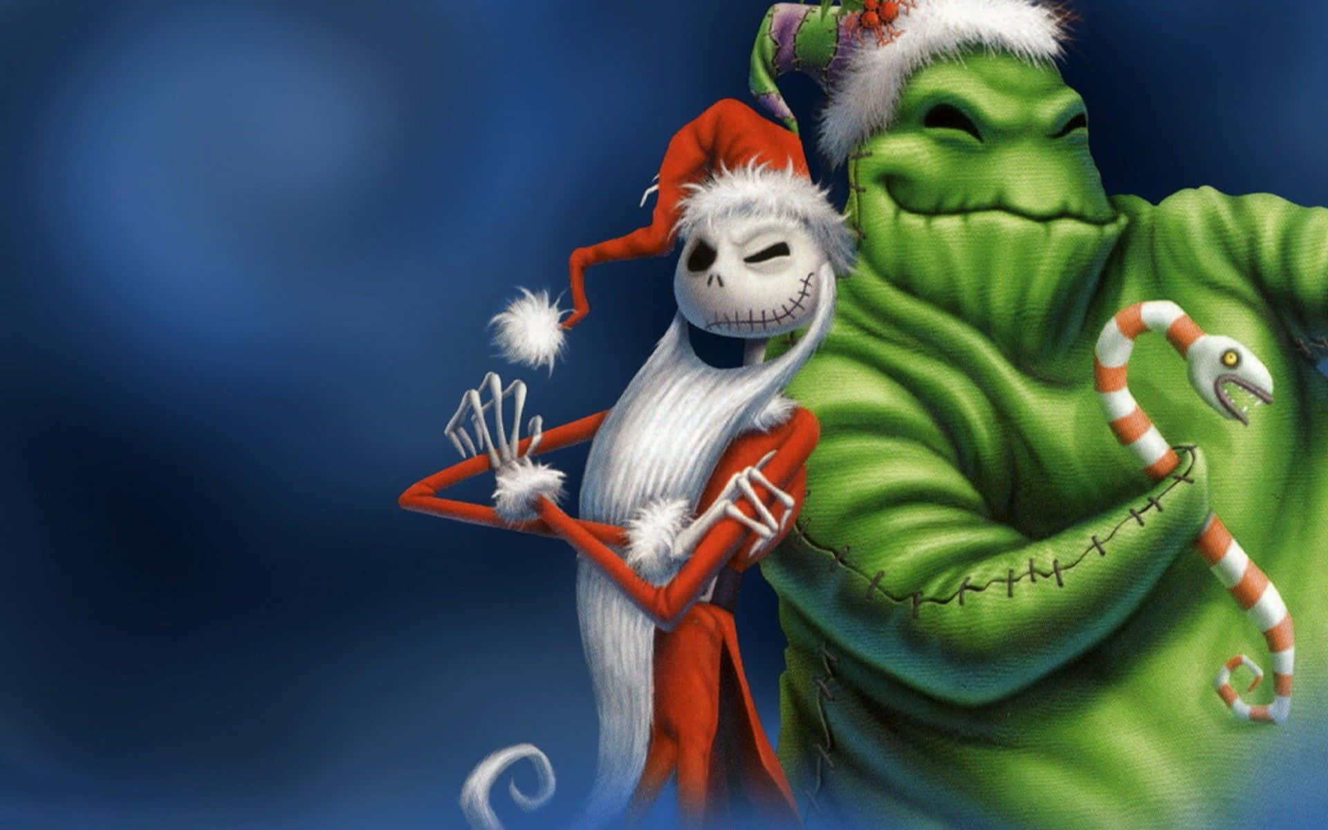 搞笑聖誕gif 桌布 壁紙 — Jack Skellington 和 Sally 穿著節日服裝，在深藍色背景前愉快地擺姿勢。