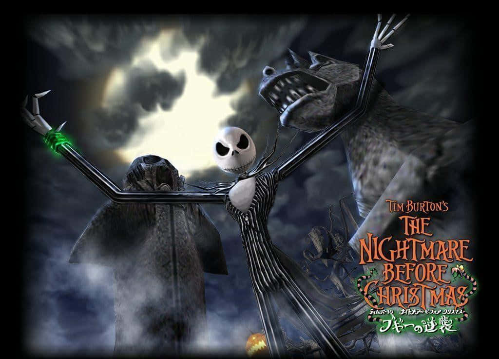 鬼滅之刃 桌布 壁紙 — Jack Skellington 同骷髏生物企喺暴風雨嘅天空下，背後有發光嘅月亮。