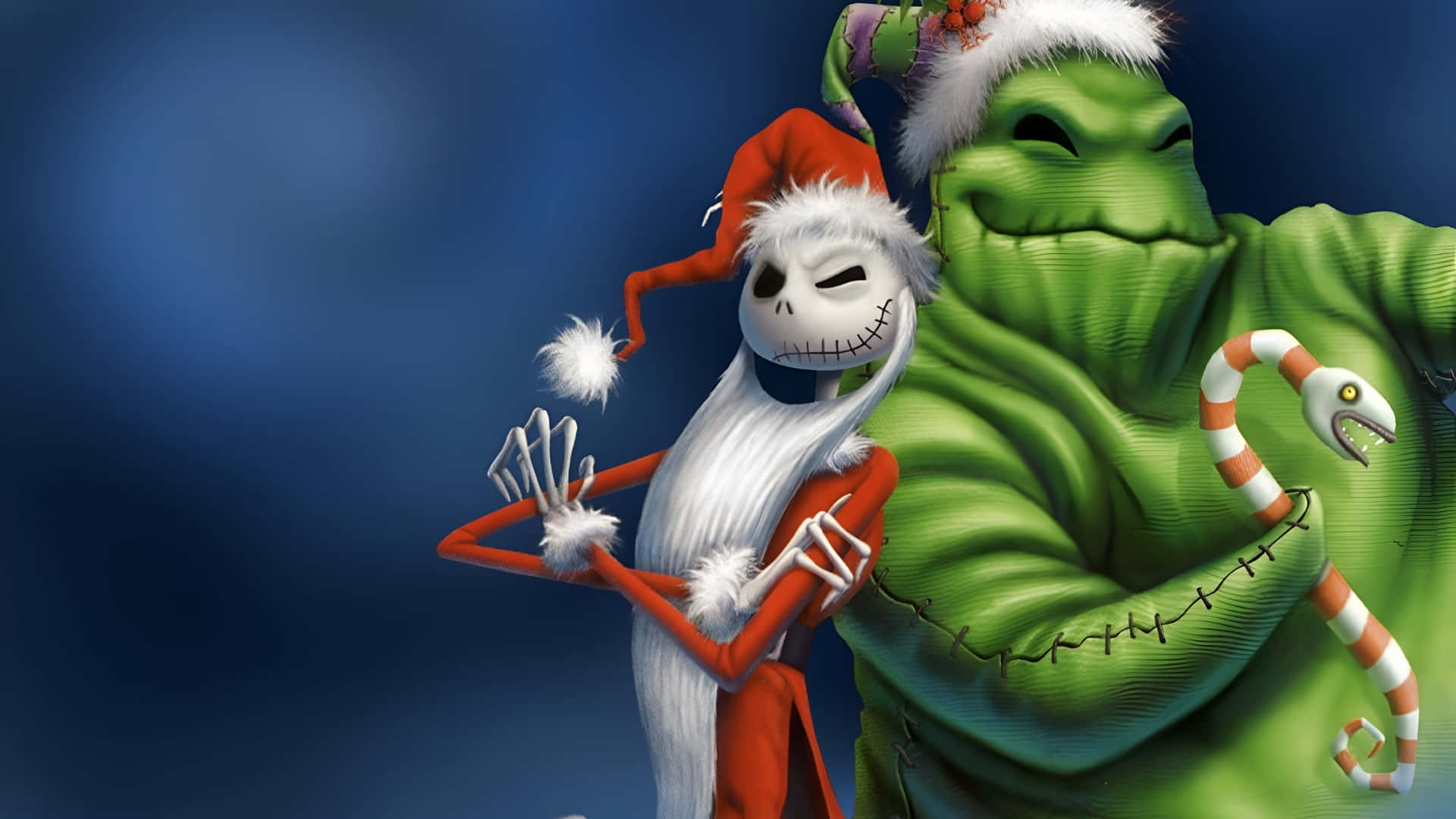 壁紙 — Jack Skellington 同綠色 Grinch 穿著節日服裝喺深藍色背景前擺姿勢。