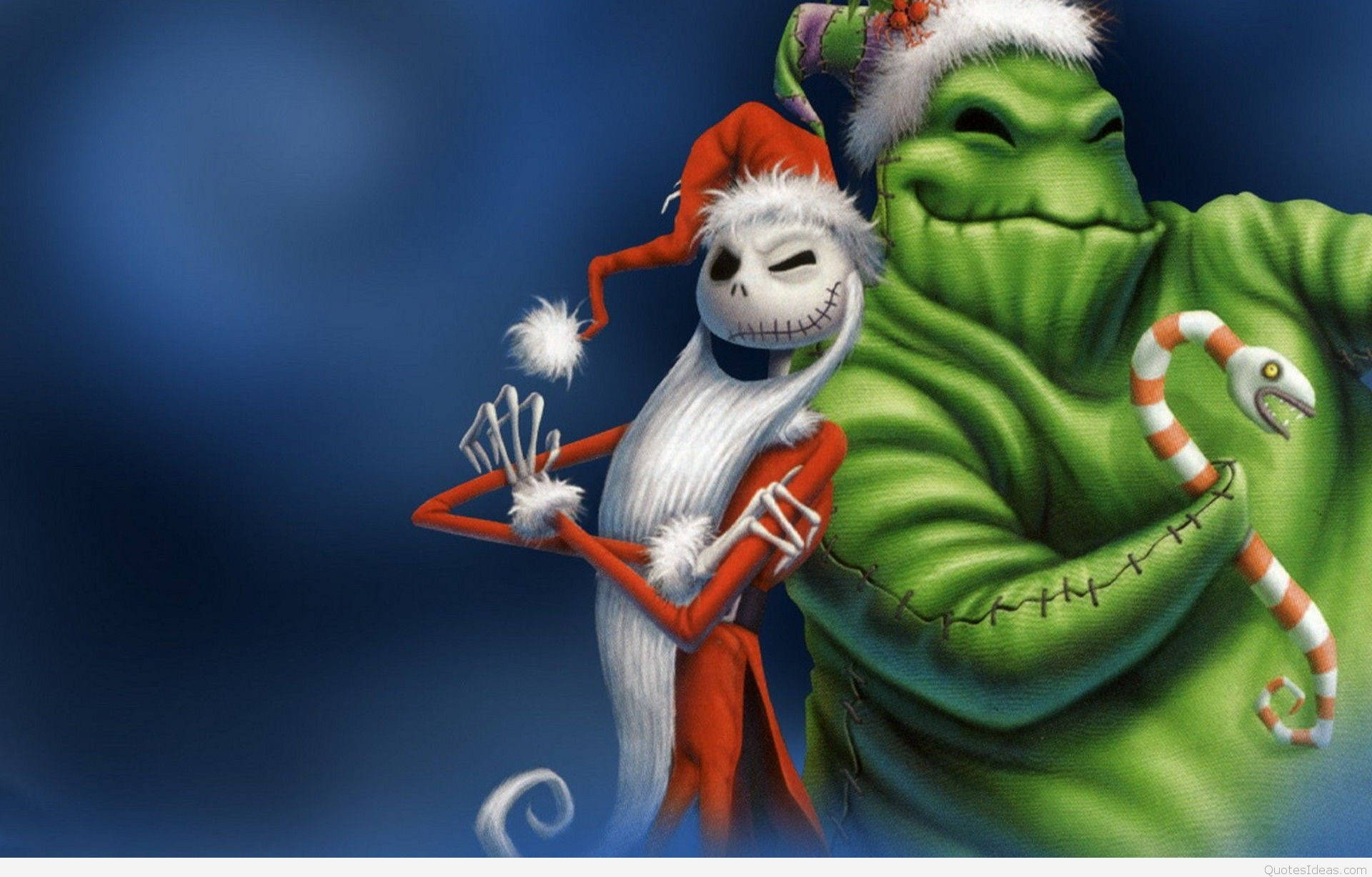 Jack Skellington 和 Grinch 穿著節日服裝一起擺姿勢。 — 可愛聖誕動圖 壁紙