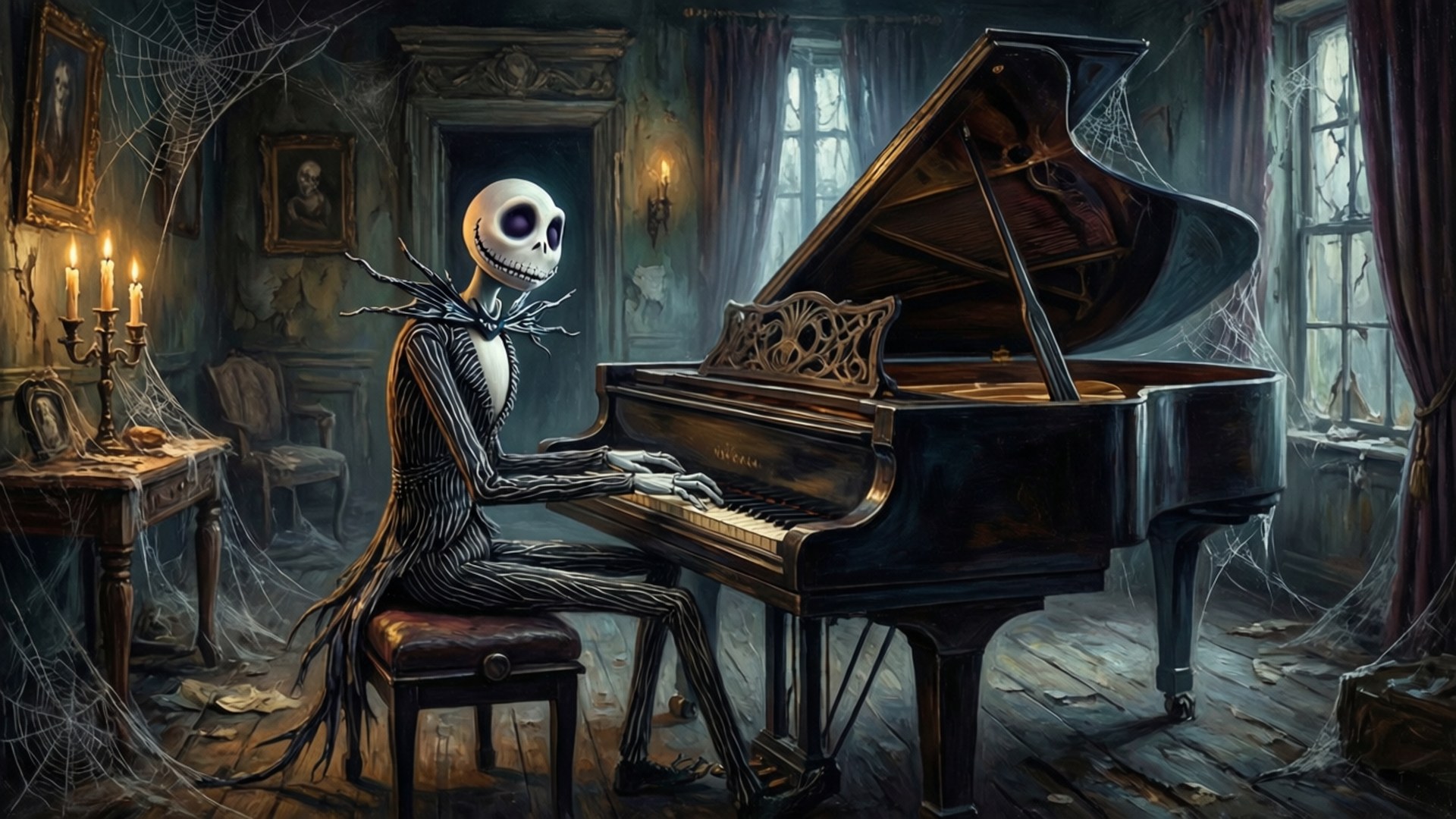The Piano King 壁紙 — Jack Skellington 喺一個佈滿蜘蛛網嘅哥德式客廳入面，喺燭光同污糟嘅窗戶照射下彈緊一部三角鋼琴。