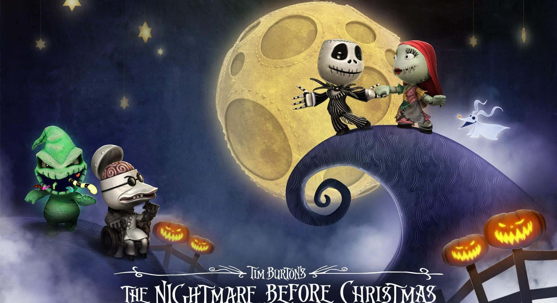 鬼滅之刃 桌布 壁紙 — Jack Skellington 和 Sally 站在螺旋形山丘上，在巨大的月亮下，有發光的南瓜燈和古怪的角色，營造出萬聖節夜晚的場景。
