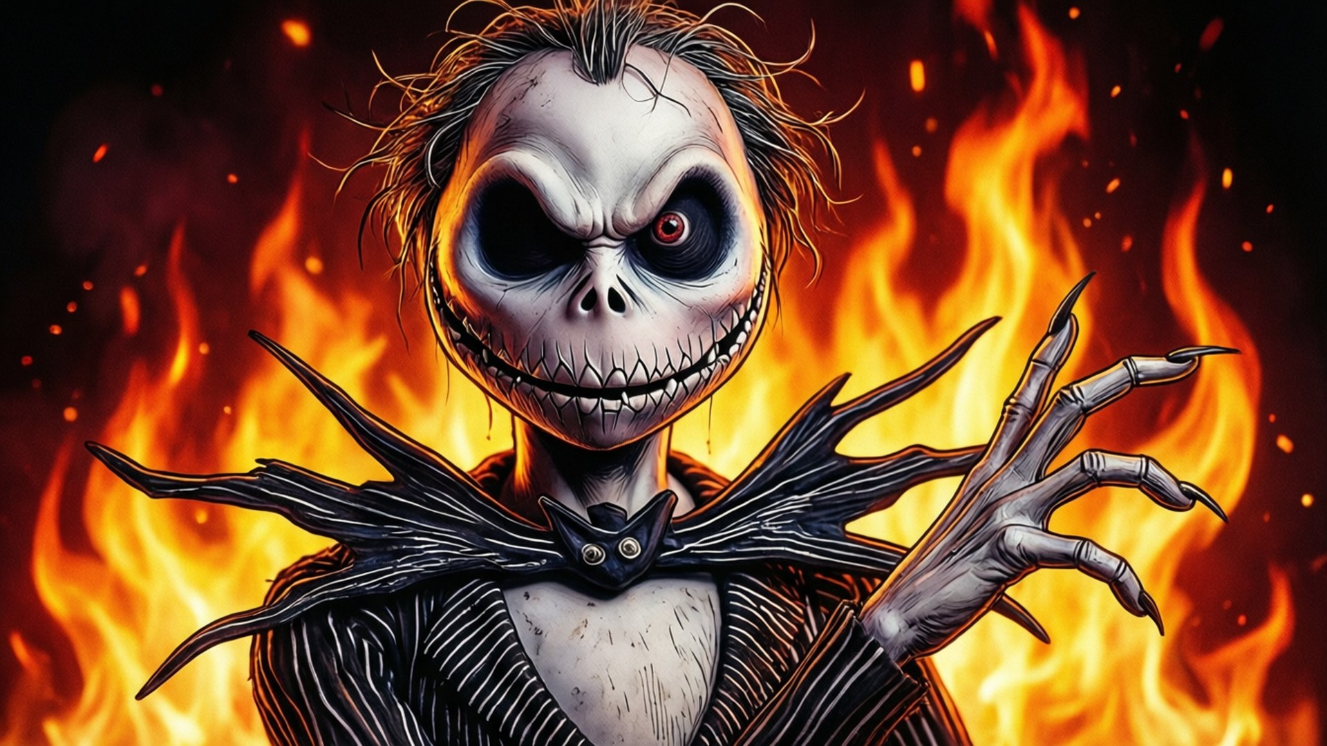 Jack Skellington 與火焰背景及舉起的鋒利爪子。