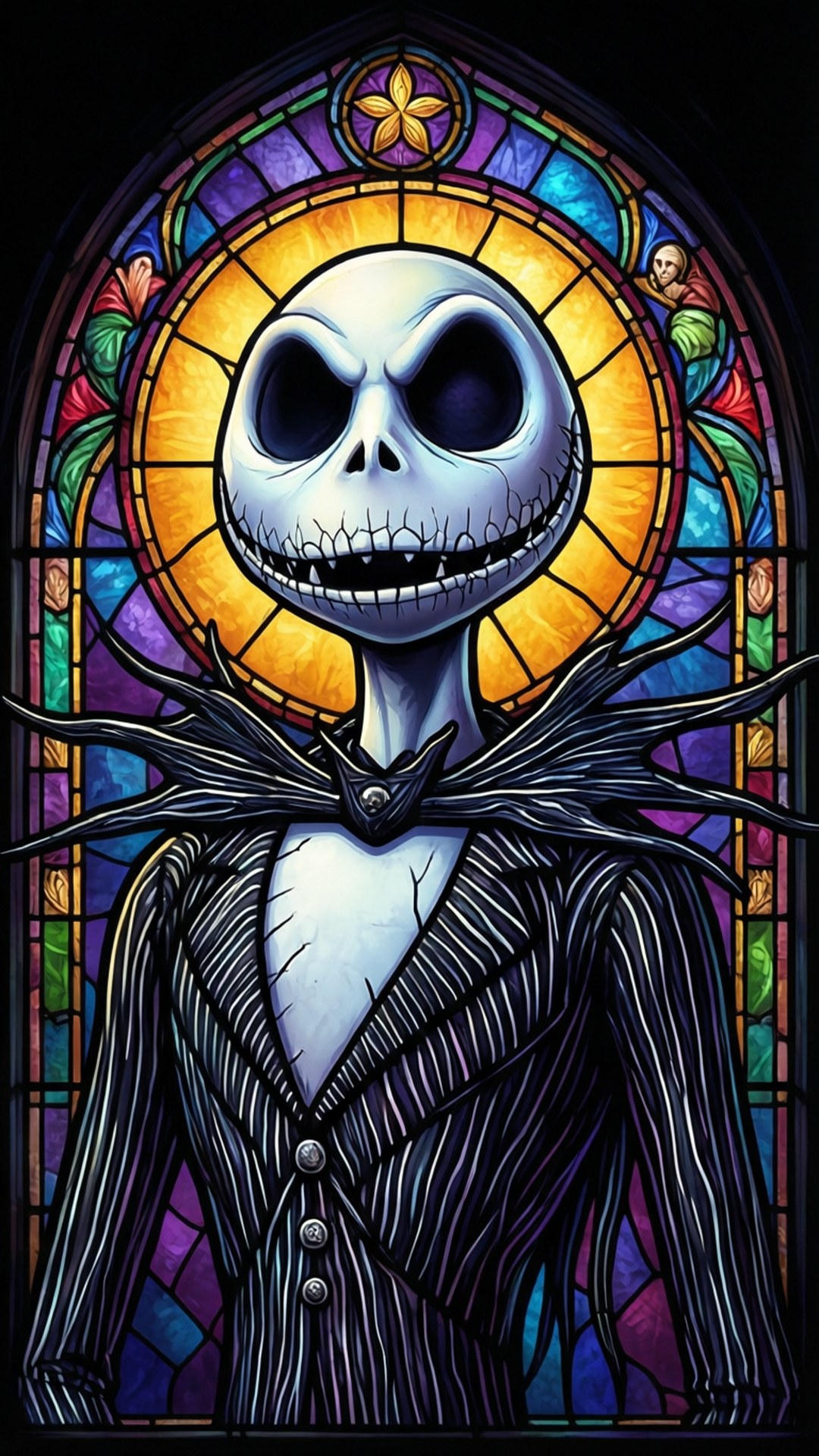jack skellington 桌布 壁紙 — Jack Skellington 站在色彩鮮豔的彩繪玻璃窗中，頭骨後方有耀眼的光環。