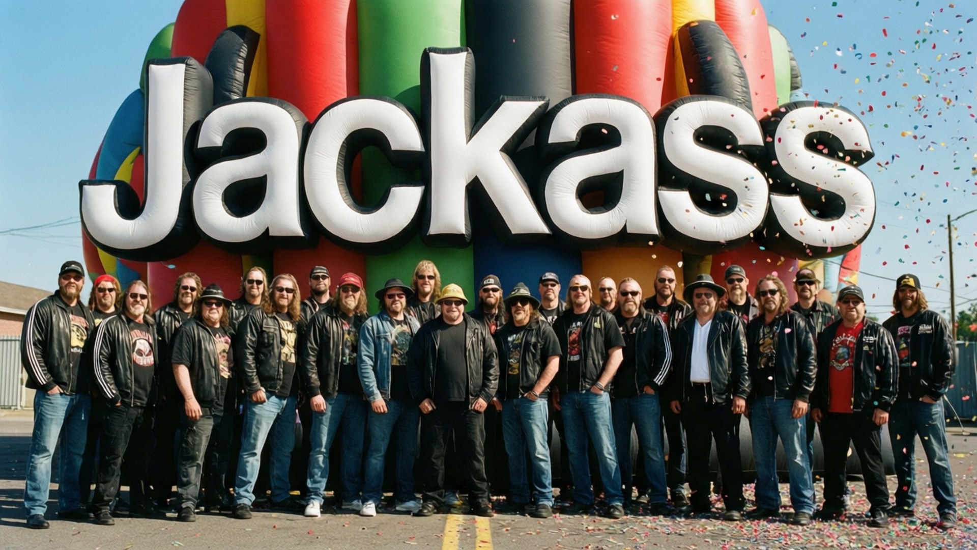 一群穿著皮褸嘅男人喺紙碎飄落嘅Jackass充氣標誌前面擺甫士。