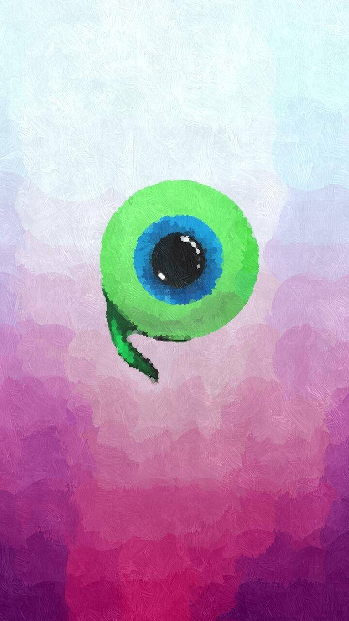 Jacksepticeye 紫色Sam 壁紙 — 一隻帶有藍色虹膜的大綠眼睛，在柔和粉紫和藍色天空的漸變背景下凝視著。