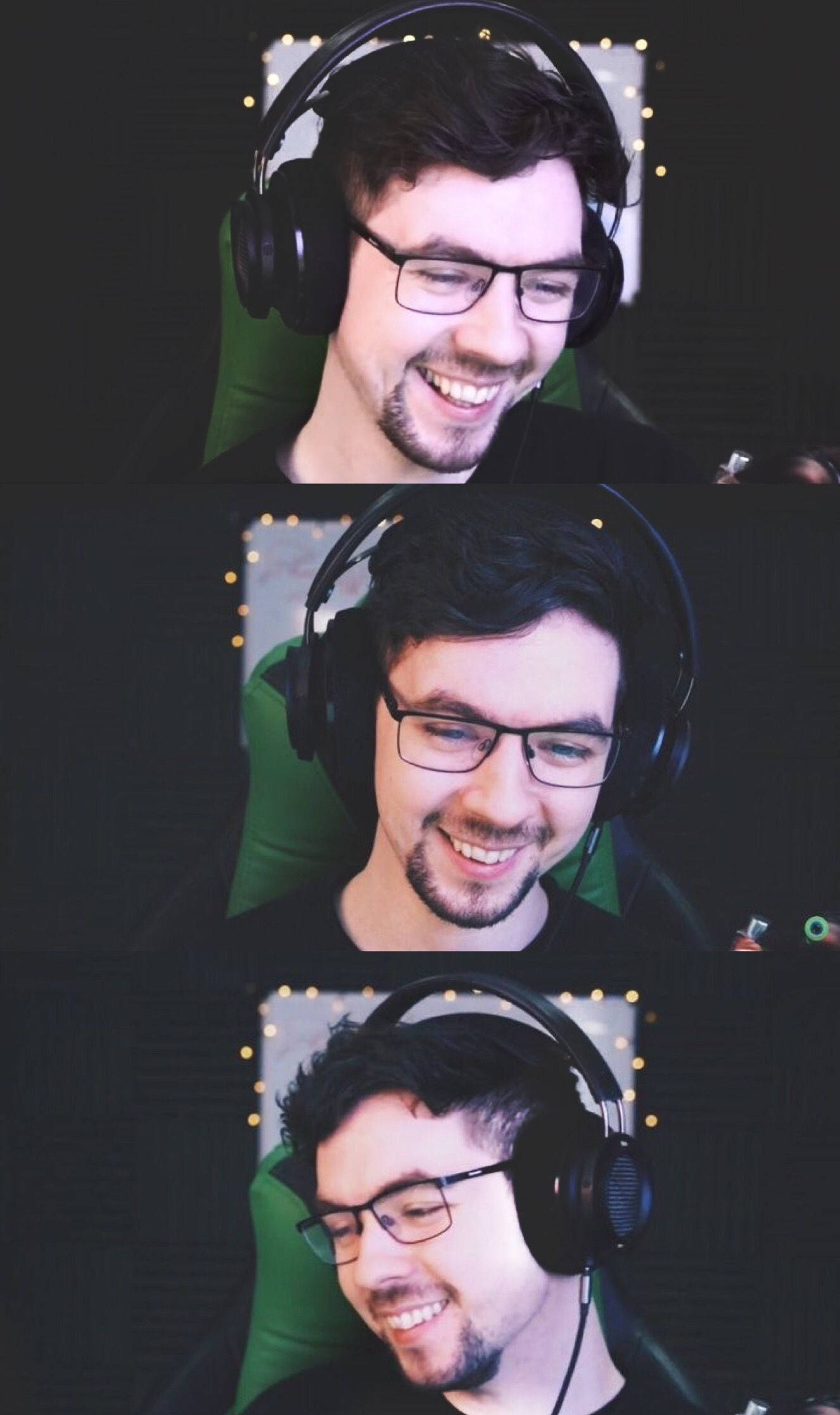 Jacksepticeye 竖版照片拼貼 壁紙 — 一位戴眼鏡和耳機的男士面帶微笑，坐在綠色電競椅上，背景昏暗並有燈串，開懷大笑。