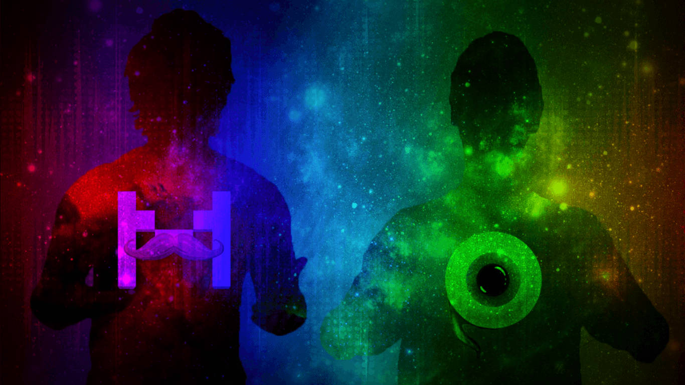 Jacksepticeye 彩虹剪影 壁紙 — 兩個剪影人物散發著鮮豔的宇宙色彩，在星光閃爍的數位背景前手持發光符號。