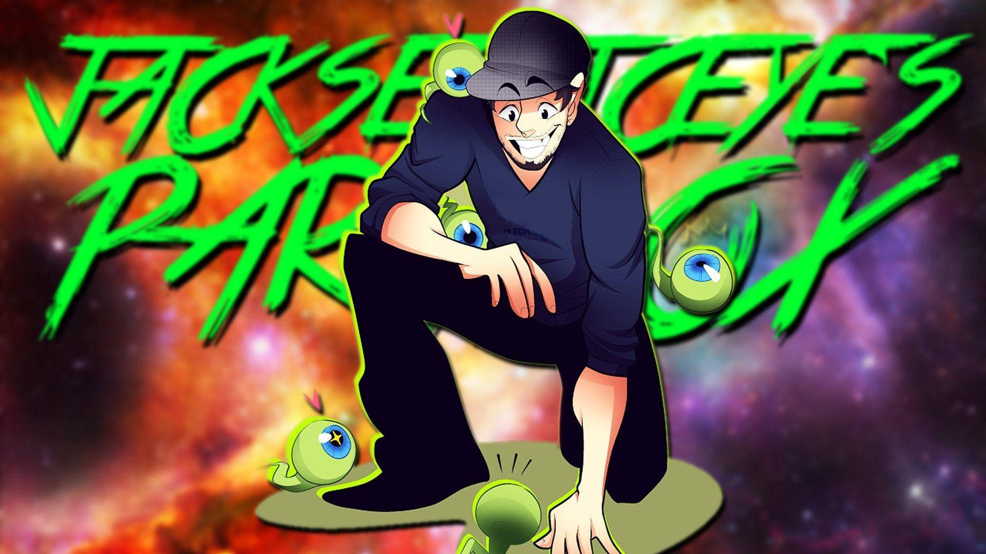 Jacksepticeye 潮流粉絲藝術 壁紙 — 一個戴帽子的卡通男人蹲在漂浮的眼球之間，背景是宇宙星雲，帶有發光的綠色文字。