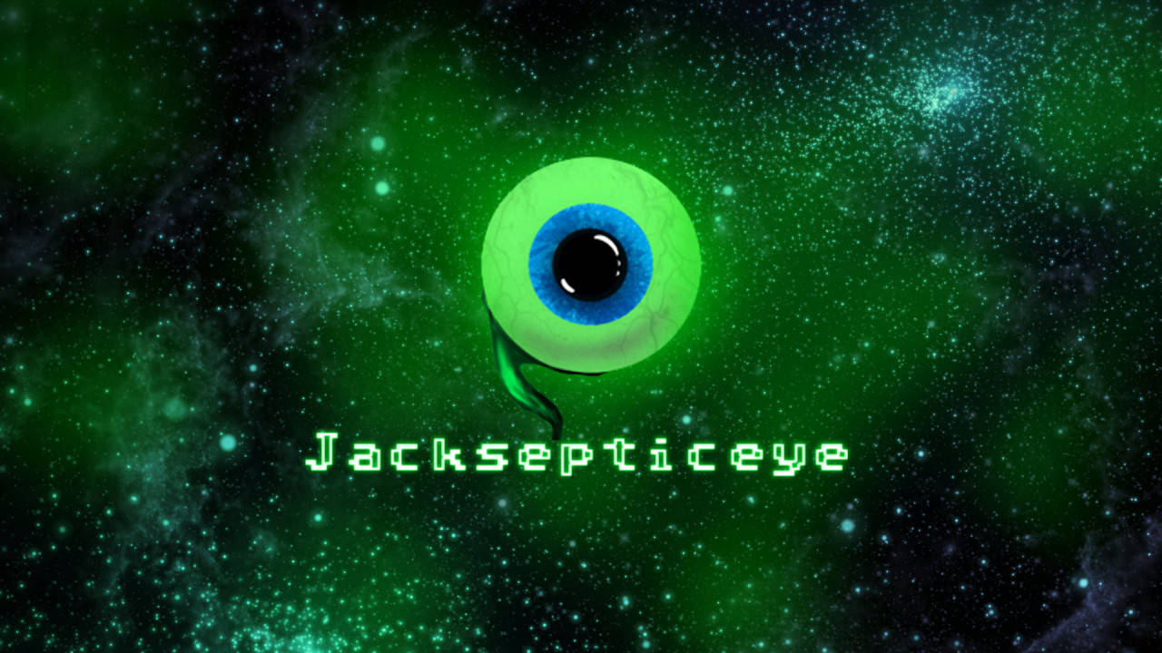 Jacksepticeye 綠色星系 壁紙 — 一隻發光的綠色眼睛，帶有藍色虹膜，漂浮在滿是星空的宇宙綠色星雲中，下方有像素化文字。