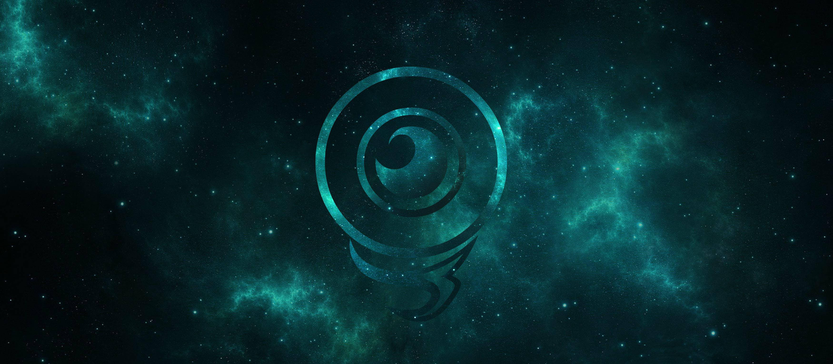 Jacksepticeye 翡翠星際薩姆 壁紙 — 一個發光的螺旋標誌漂浮在旋轉的藍綠色星雲和閃爍的星星之間，處於宇宙虛空之中。