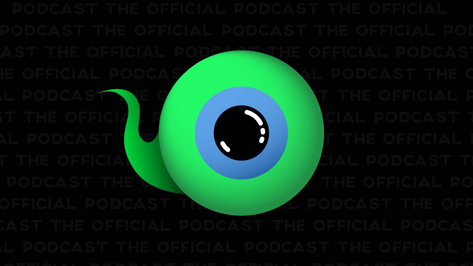 Jacksepticeye 聲音節目封面 壁紙 — 一隻明亮的綠色卡通眼睛，帶有藍色虹膜和黑色瞳孔，在充滿重複播客文字的黑暗背景上發光。