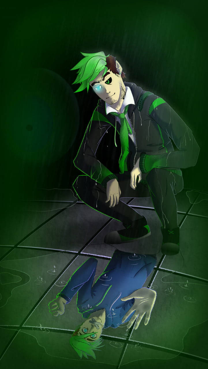 Jacksepticeye 與 Antisepticeye 壁紙 — 一個綠髮動漫角色跪在雨水浸濕的綠光中，上方是一個反射的水坑，映照出他墮落的自我。