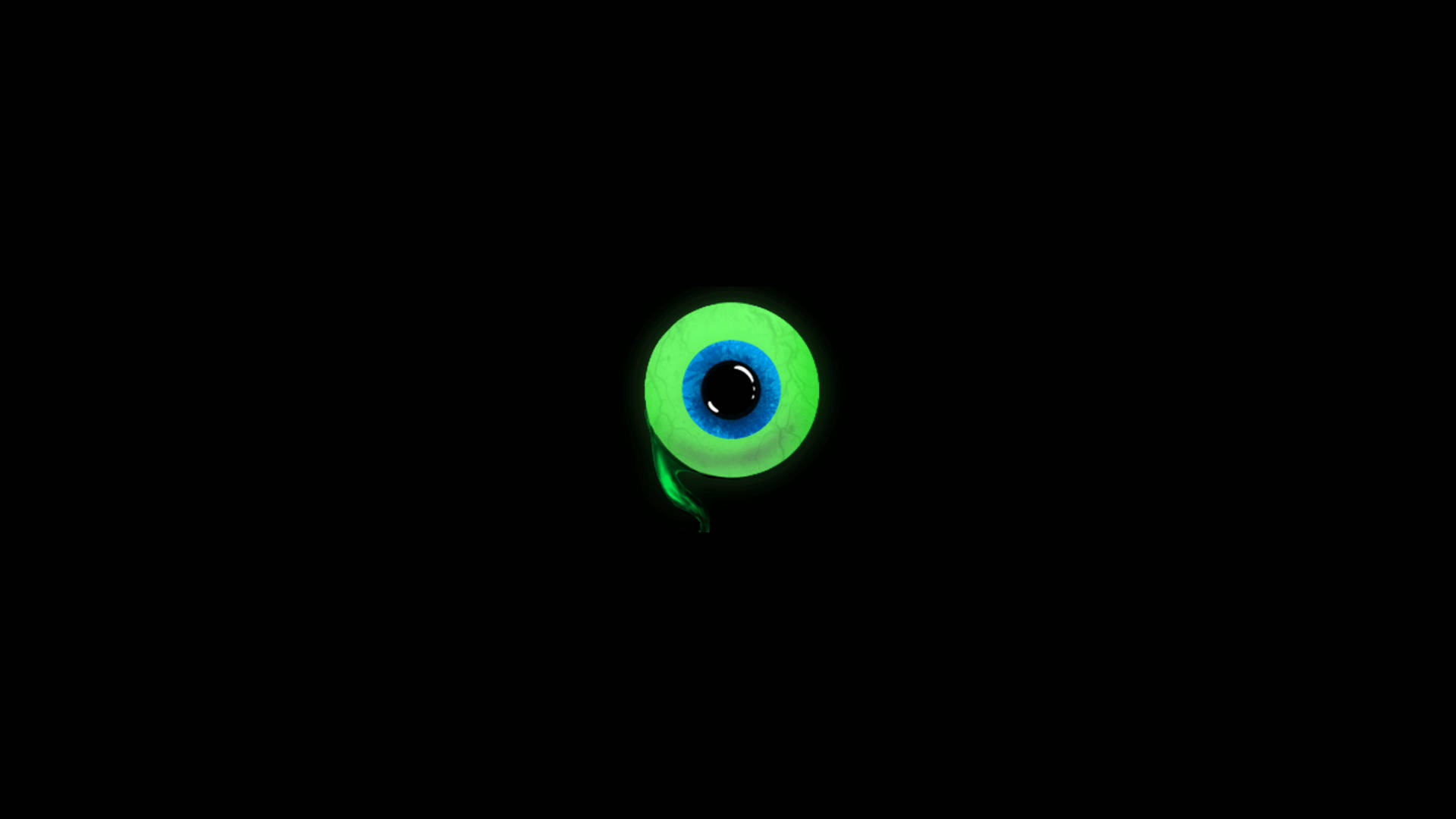 Jacksepticeye 薩姆極簡風格 壁紙 — 一隻帶有藍色虹膜的發光綠色眼睛從絕對黑暗中凝視。