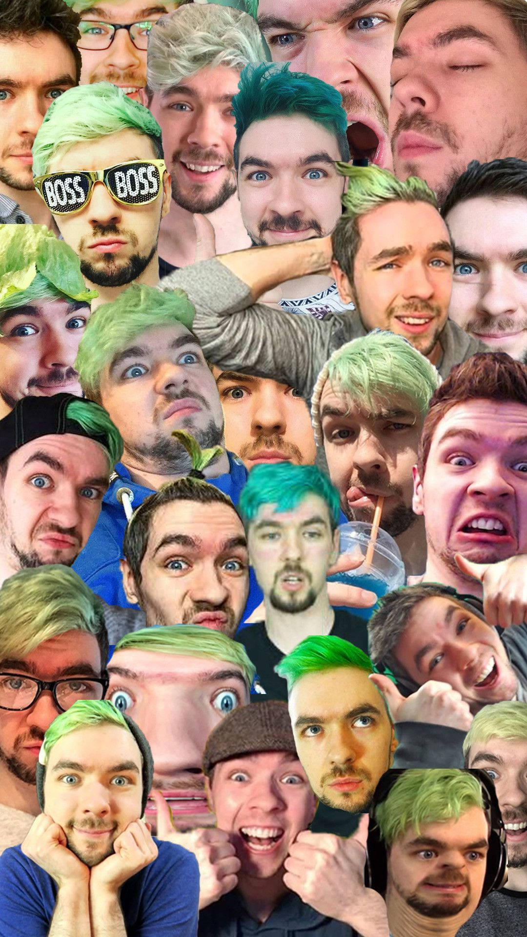 Jacksepticeye表情拼貼 壁紙 — 一幅充滿活力的拼貼畫，描繪了綠髮年輕男子誇張的表情，構成混亂而充滿能量的畫面。