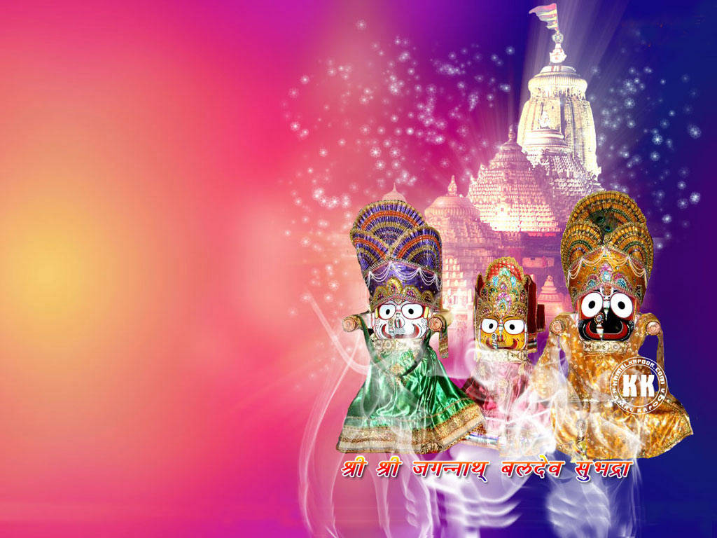 三位印度教神祇穿著精緻服裝，站在發光的寺廟前，背景燦爛。