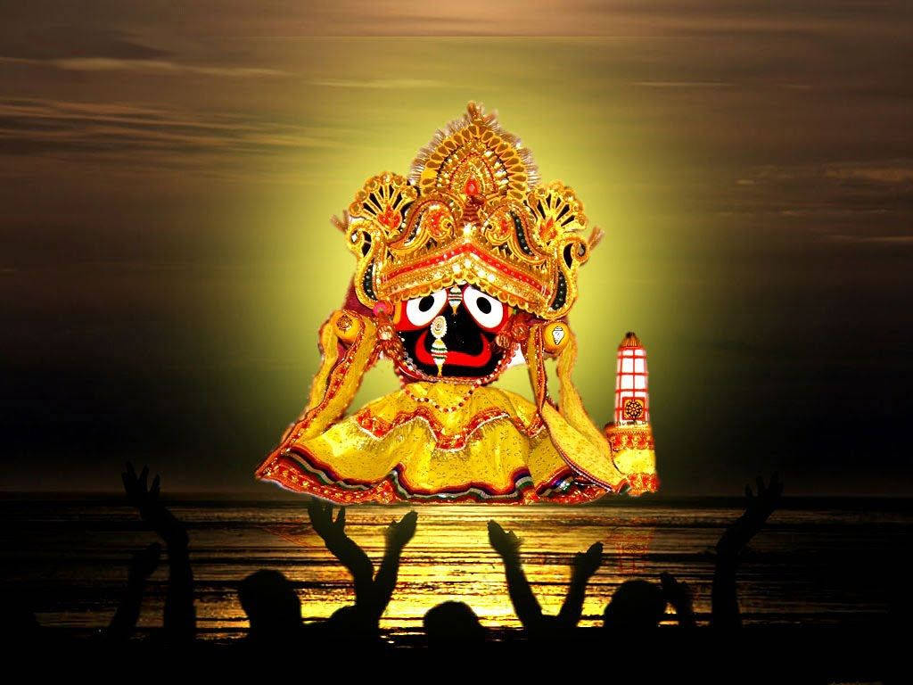 黃昏時分，金色Jagannath神像浮於水面，下方有剪影信徒。