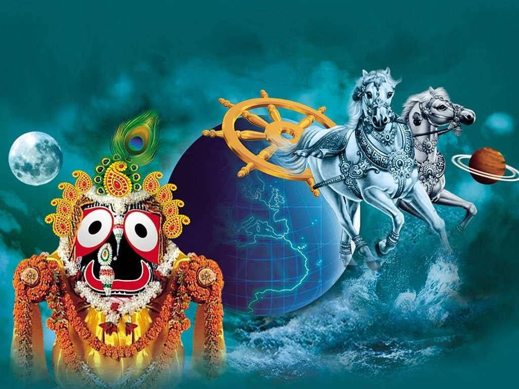 神聖的印度教神祇，帶有孔雀羽毛，站在地球儀旁，戰車由白馬拉動，行駛於宇宙水域。