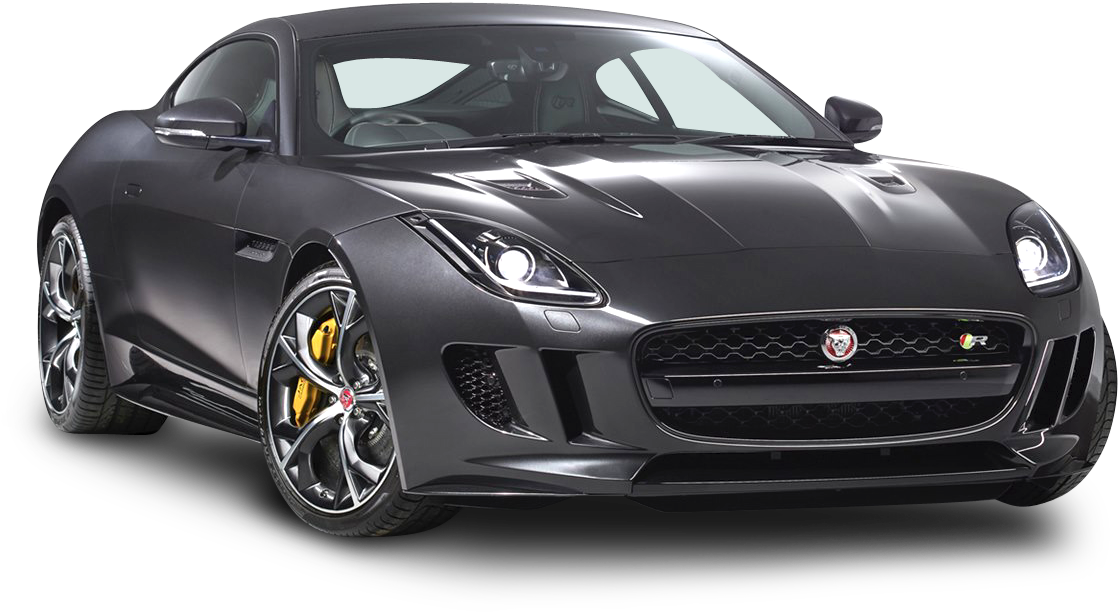 黑色Jaguar F-Type Coupe跑車 壁紙 — 一輛時尚的啞光黑色積架F-Type R跑車，帶有黃色制動卡鉗和發光頭燈，背景透明。
