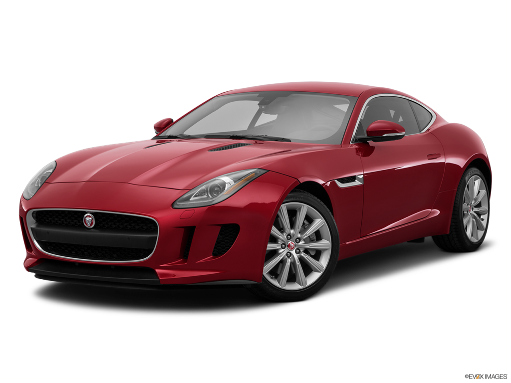 紅色Jaguar F-Type Coupe 壁紙 — 一輛時尚的紅色Jaguar跑車，配備銀色輪圈和黑色飾邊，在純黑色背景下脫穎而出。