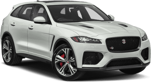 白色Jaguar SUV側面視圖 壁紙 — 一輛在工作室燈光下展示的白色Jaguar F-Pace SVR SUV，配備紅色制動卡鉗和黑色飾件。