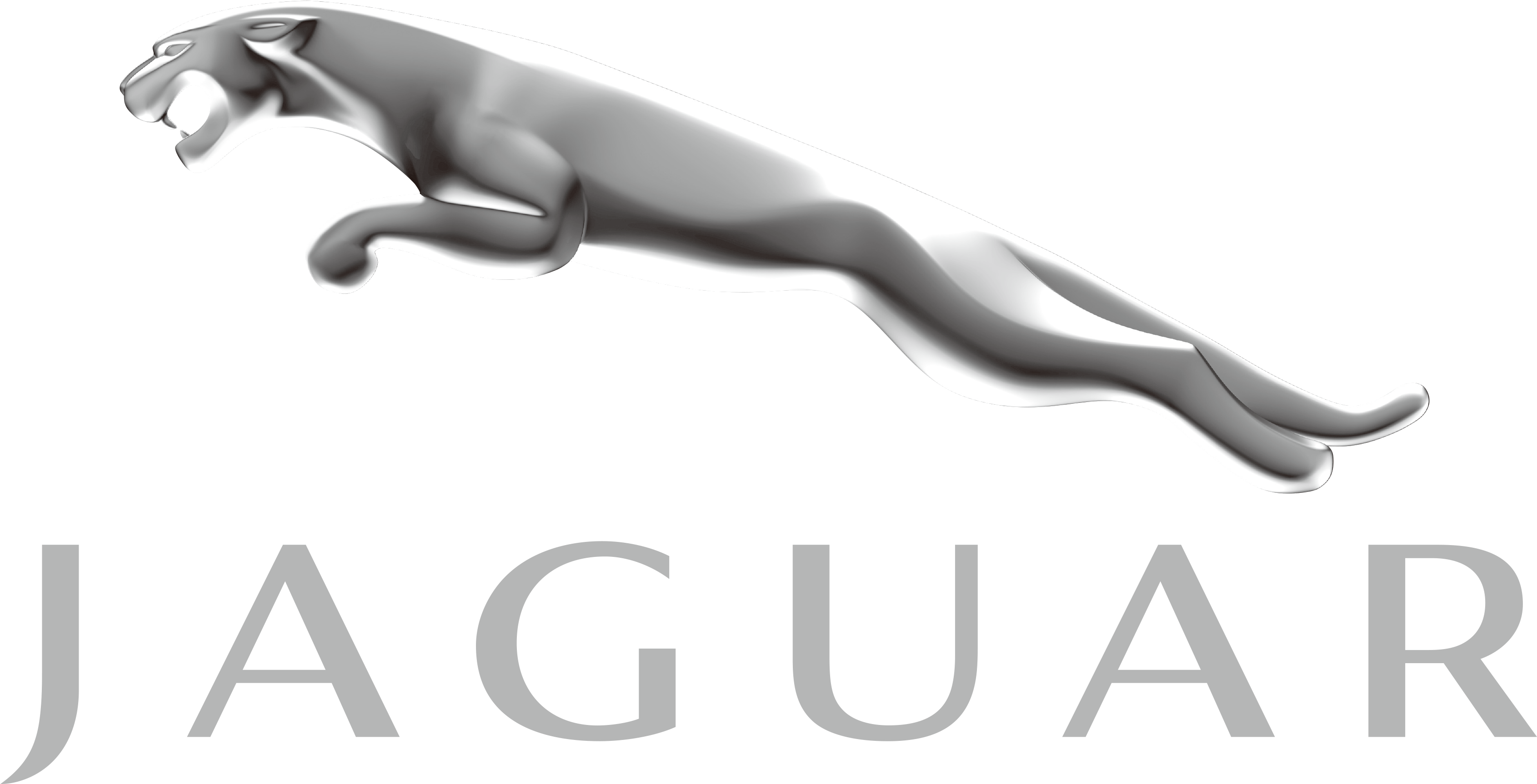 銀色Jaguar汽車標誌 壁紙 — 黑色背景上有一個流線型的銀色跳躍美洲豹標誌，下方有「jaguar」字樣。