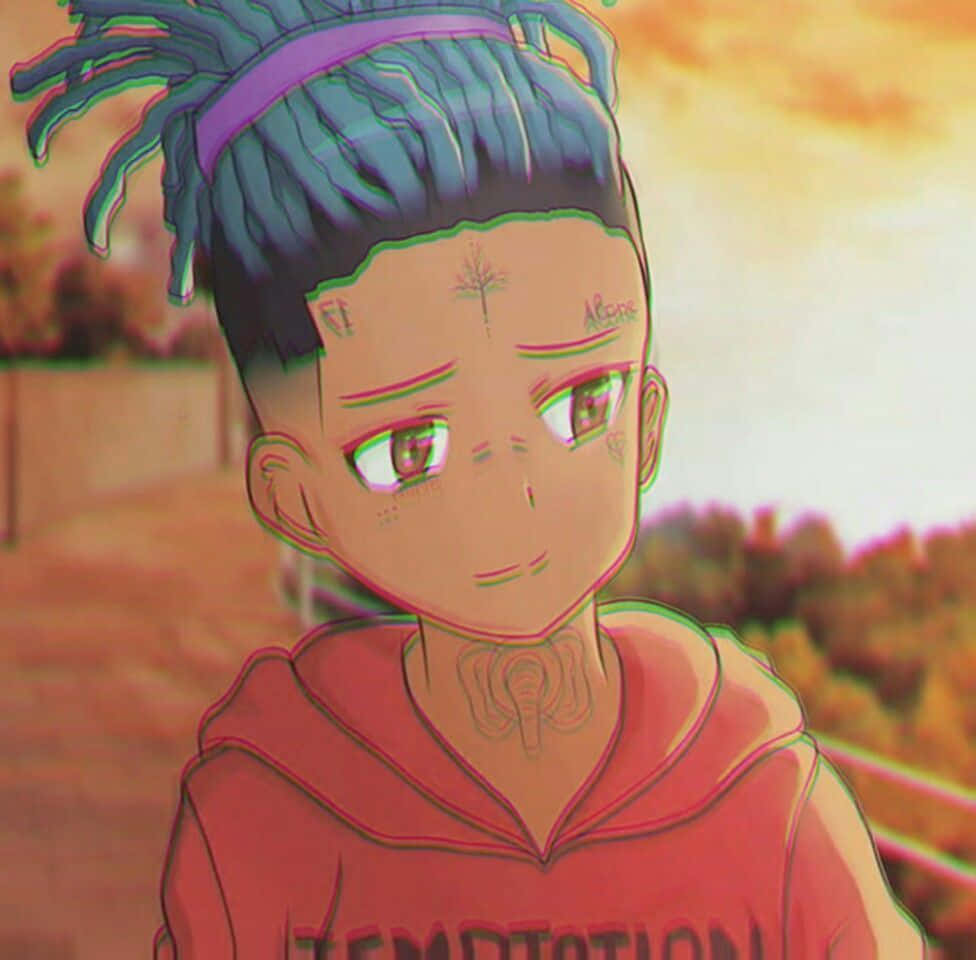 Jahseh Onfroy 動漫說唱歌手 壁紙 — 擁有藍色辮子和紅色連帽衫的動漫角色，在溫暖的日落背景下溫柔地凝視。