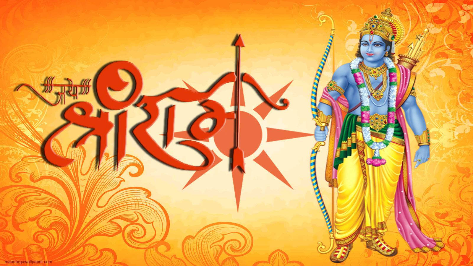 Jai Shree Ram 高清太陽花卉 壁紙 — 在金色橙色華麗背景上，風格化的天城文旁邊，克里希納神手持弓箭的鮮豔插圖。