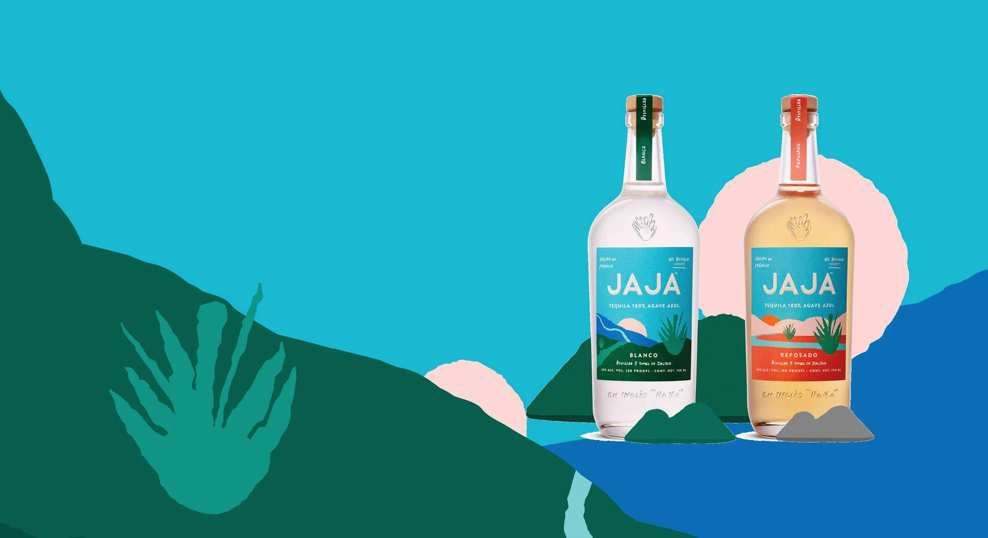 兩瓶Jaja龍舌蘭酒在風格化的沙漠背景上，帶有抽象形狀。