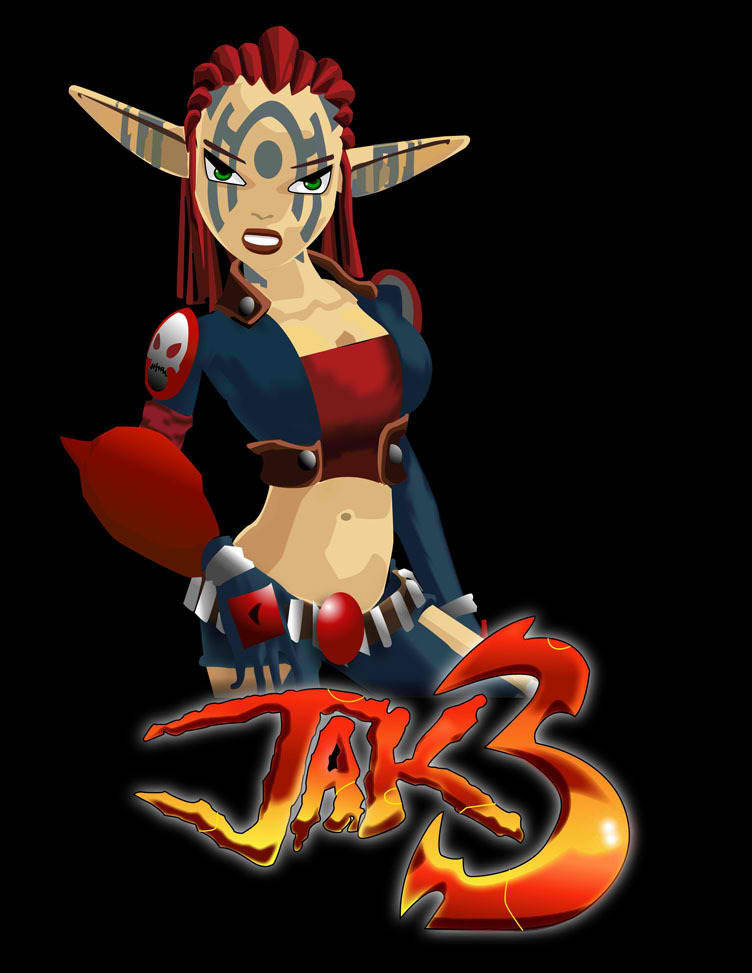 來自 Jak 3 電子遊戲的兇猛精靈戰士角色，帶有火焰標誌。