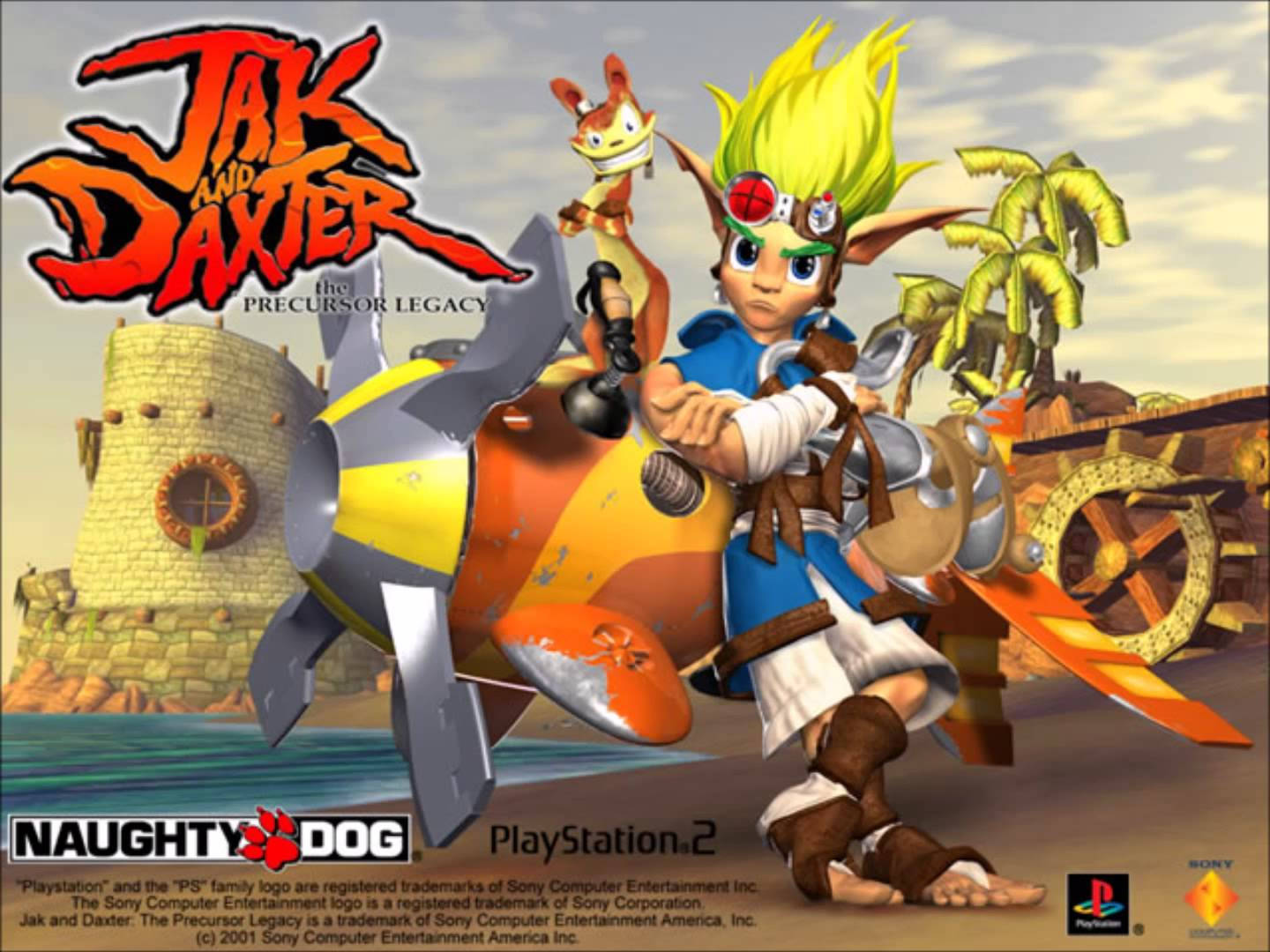 Jak 和 Daxter 在熱帶廢墟環境中騎著懸浮摩托車。