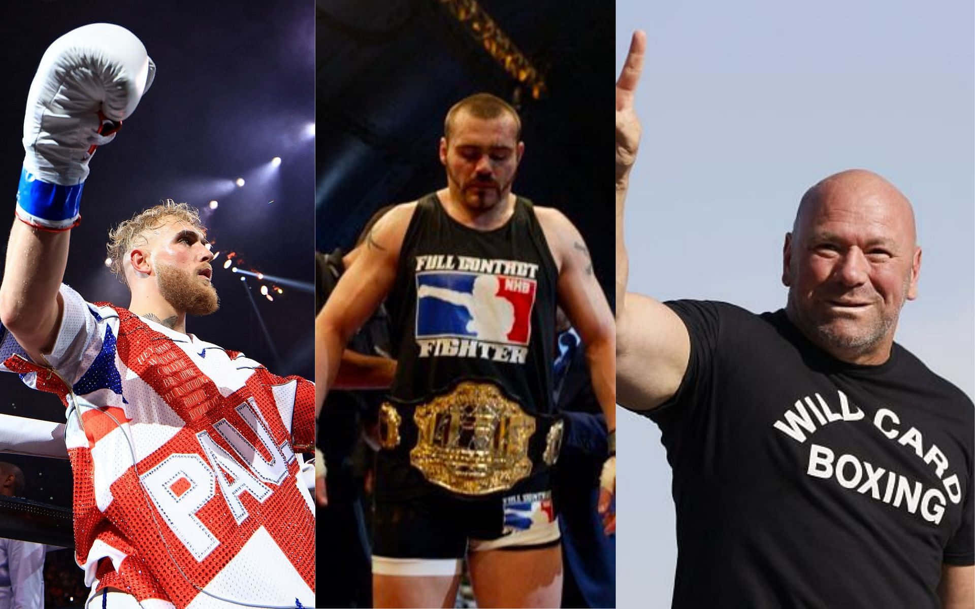 Jake Paul、Tim Sylvia 與 Dana White 三重拼貼畫 壁紙 — 三位拳擊手在明亮的燈光和晴朗的天空下，在擂台上和體育場內慶祝勝利。