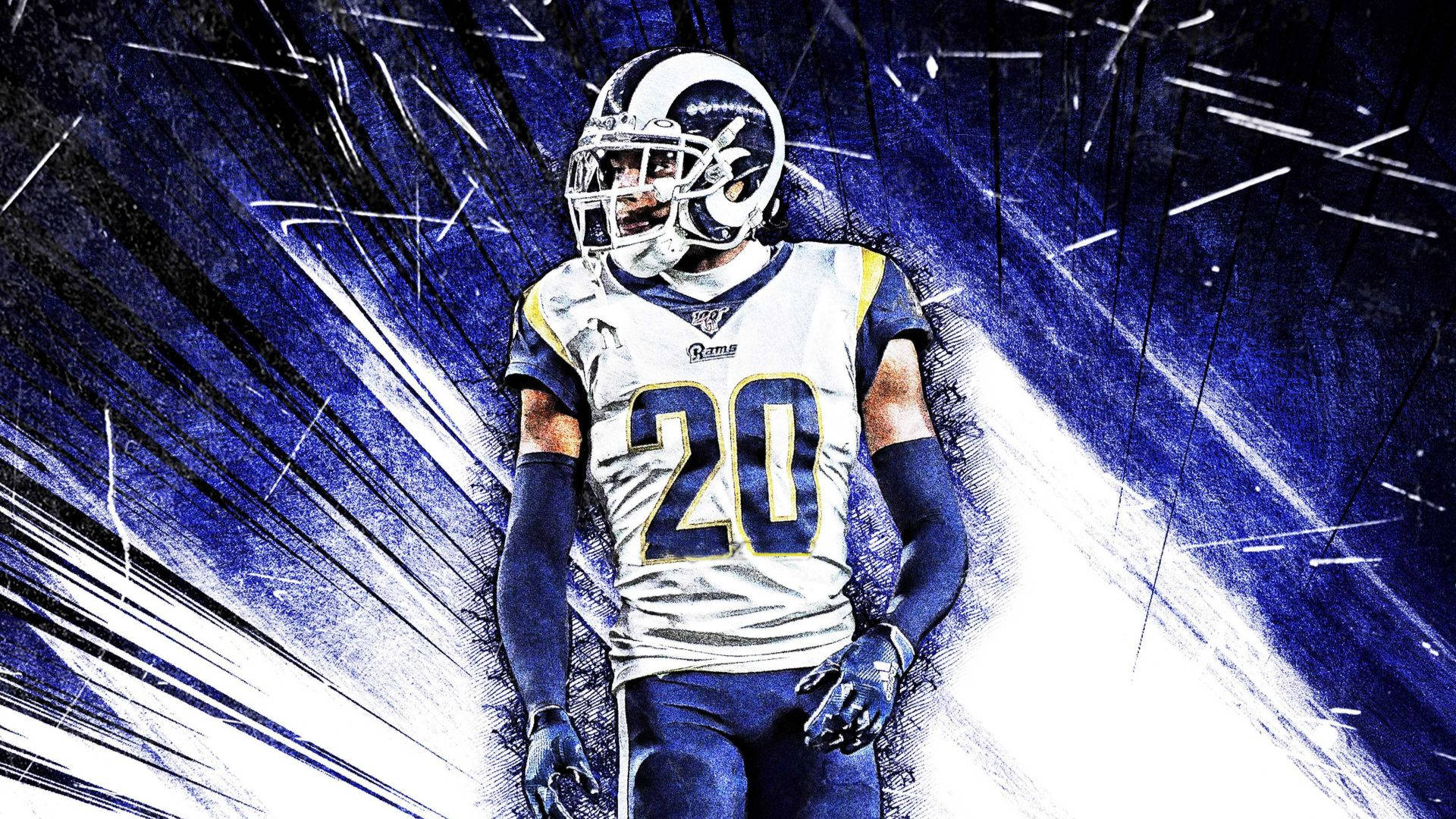 Jalen Ramsey 抽象藍色光束 壁紙 — 一名身穿Rams 20號球衣的足球員自信地站在動態藍白條紋背景前。