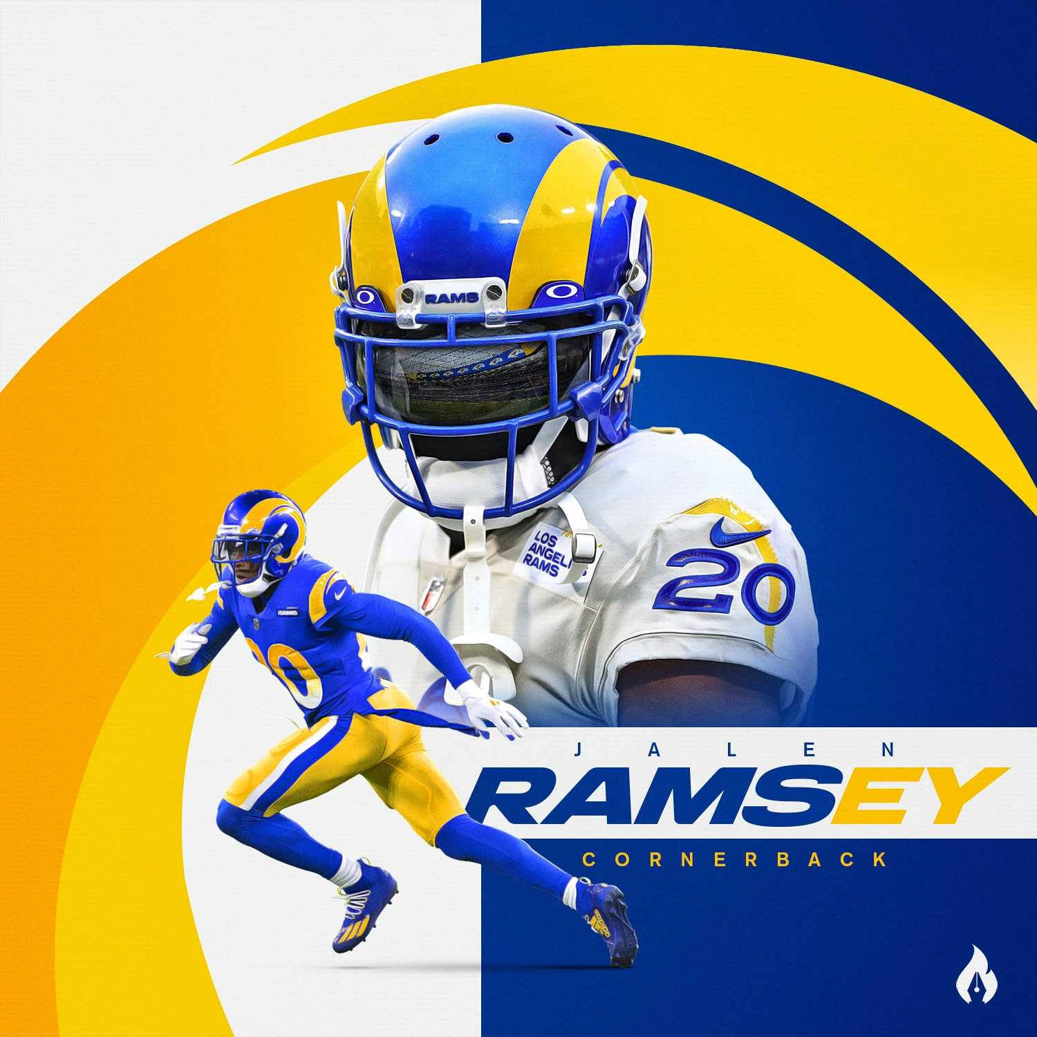 Jalen Ramsey 抽象藝術 壁紙 — 一位充滿活力的洛杉磯公羊隊美式足球員，身穿藍色和金色裝備，在一個大膽的彎曲背景前衝刺，並顯示他的名字和位置。