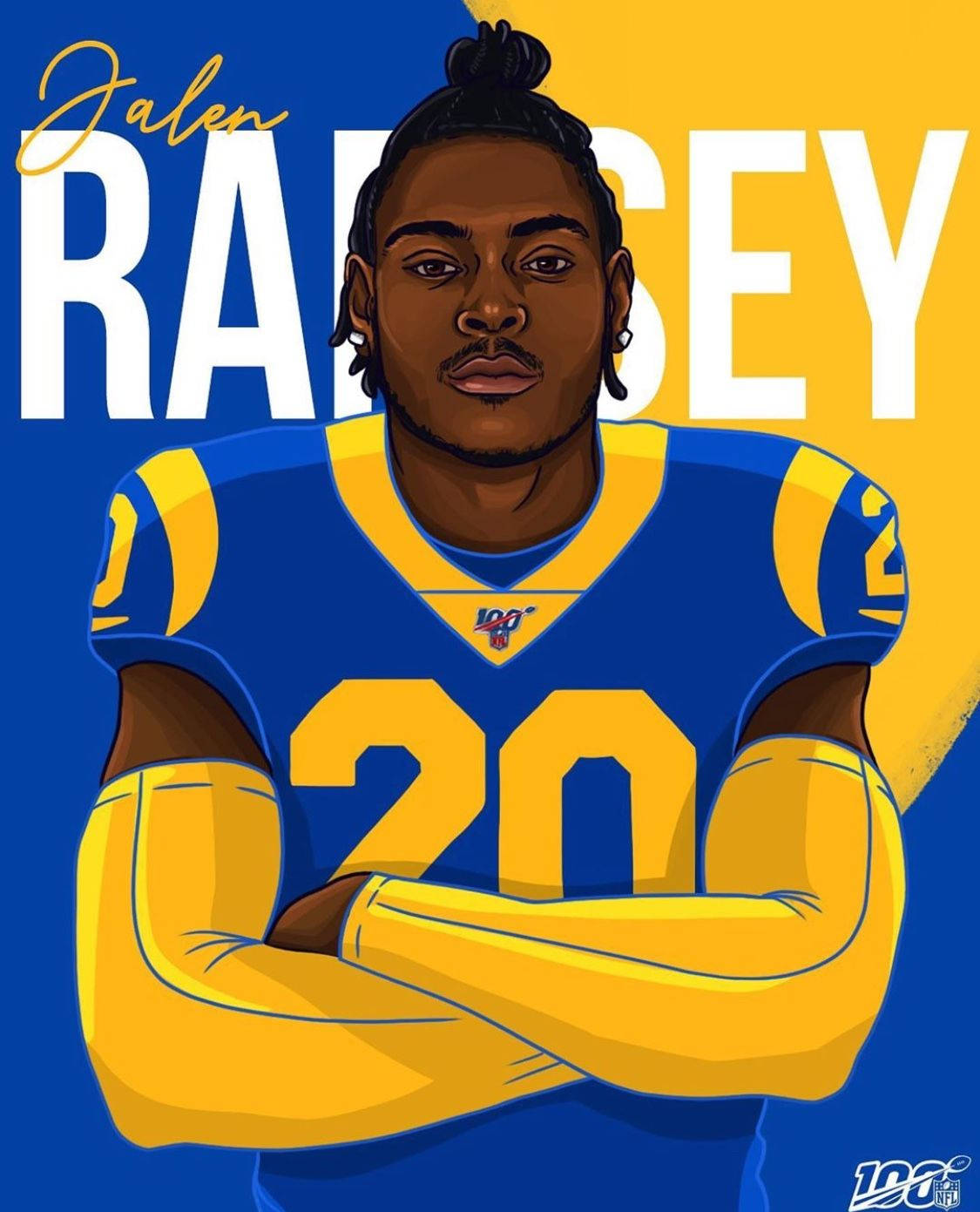 Jalen Ramsey 矢量藝術 壁紙 — 插圖肖像，描繪美式足球員 Jalen Ramsey 身穿藍金配色公羊隊球衣，雙臂交叉，背景為大膽的藍黃色。