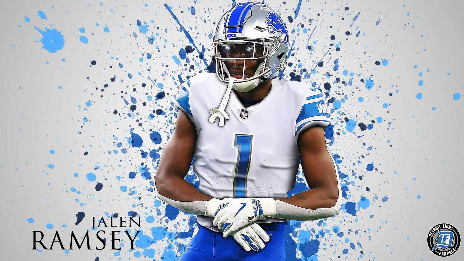 Jalen Ramsey 粉絲藝術 壁紙 — 一位身穿白色和藍色球衣的底特律雄獅美式足球員，自信地站在動態的藍色油漆飛濺背景前。
