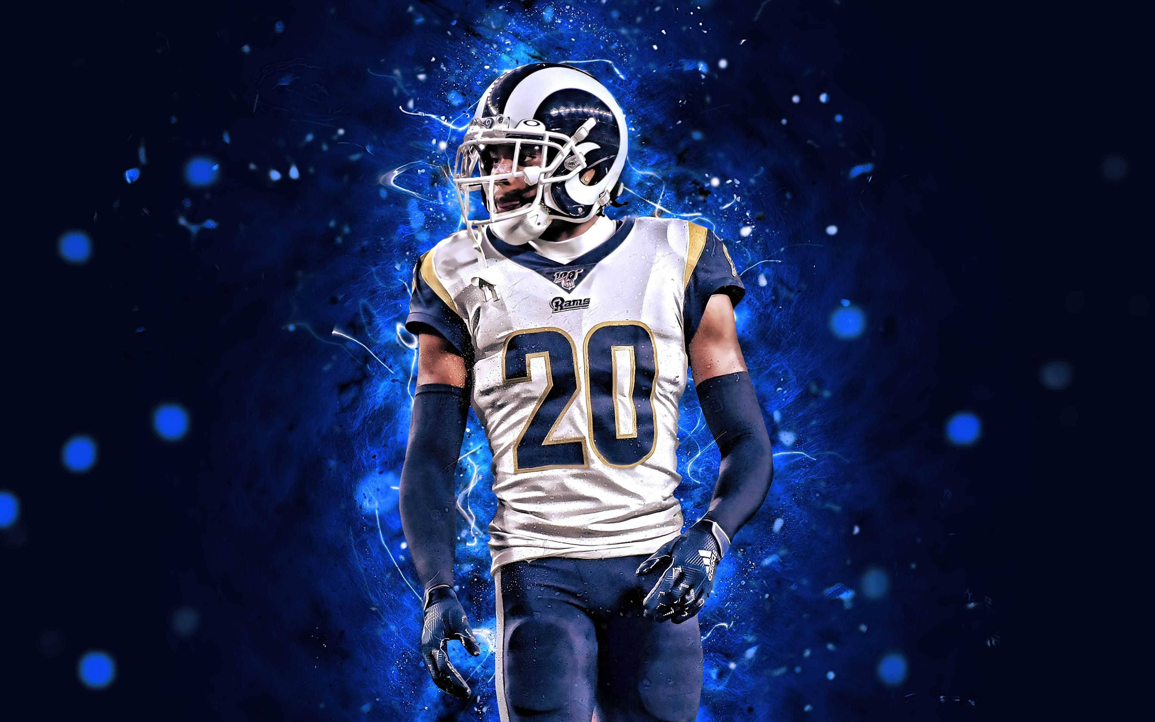 Jalen Ramsey 藍色霓虹燈光 壁紙 — 一名身穿白色球衣、號碼20的足球運動員站在動態藍色能量爆發背景前。