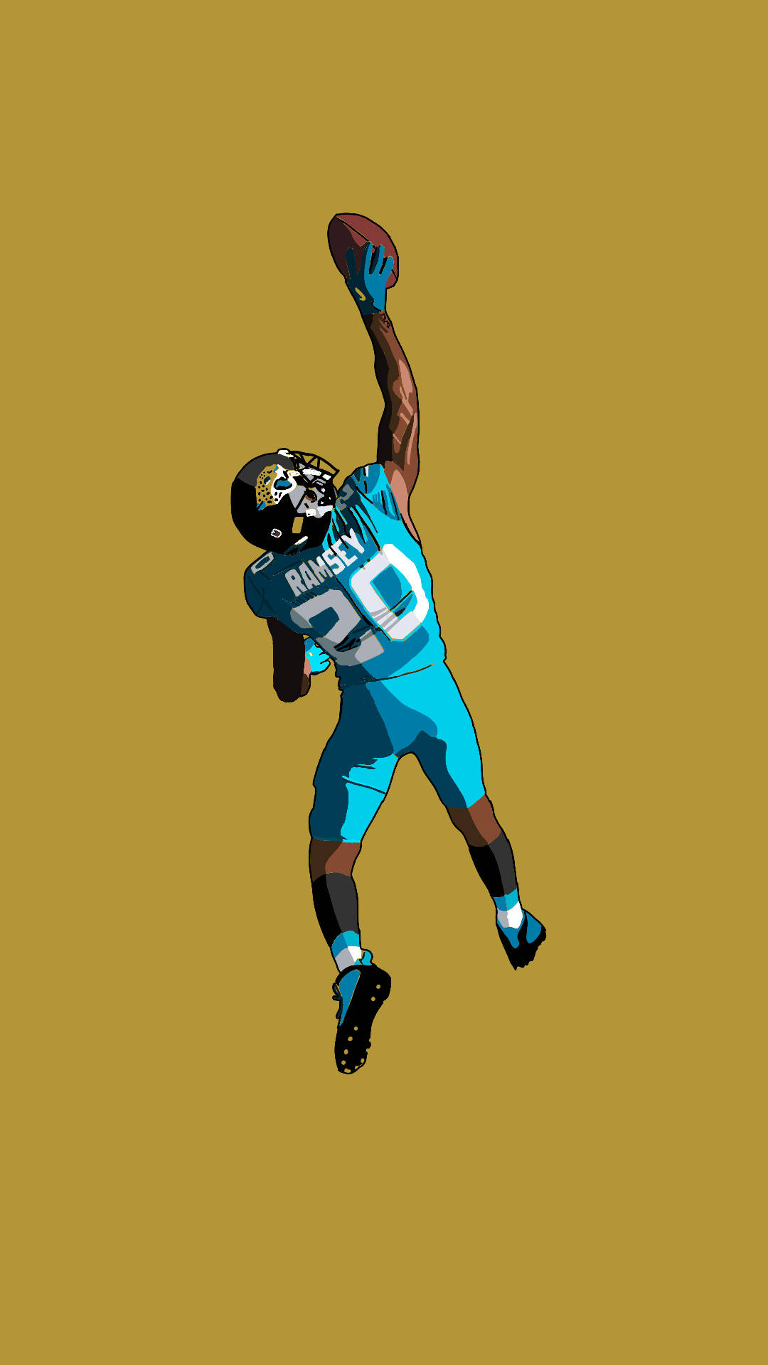 Jalen Ramsey 藝術作品 壁紙 — 一名身穿青綠色球衣的美式足球員在純芥末黃色背景上動態跳起接球。