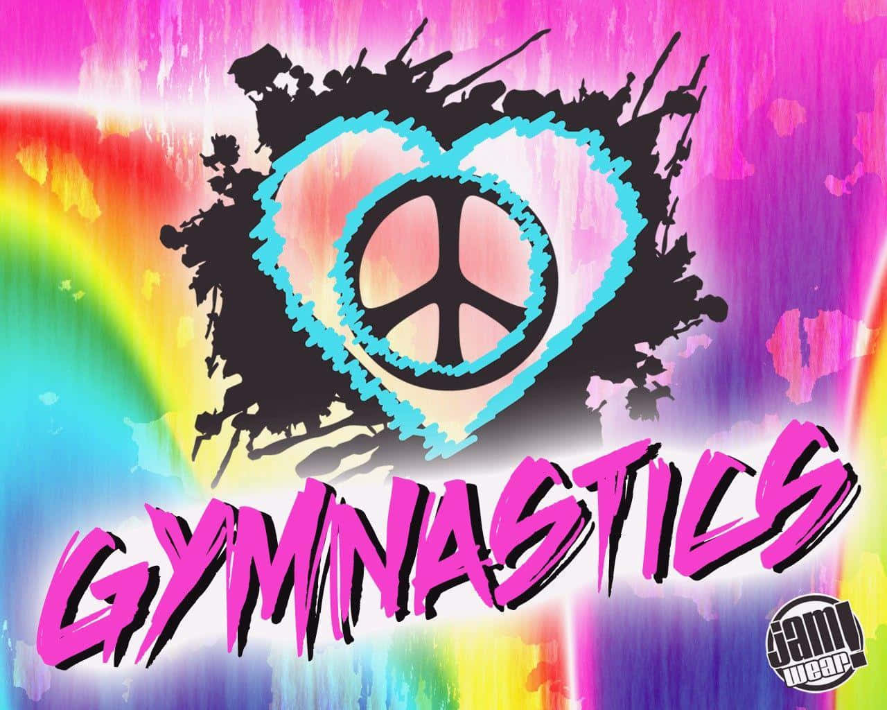 可愛體操 Jam Wear 海報 壁紙 — 彩虹潑濺背景上，心形內帶有「GYMNASTICS」文字的鮮豔塗鴉風格和平標誌。